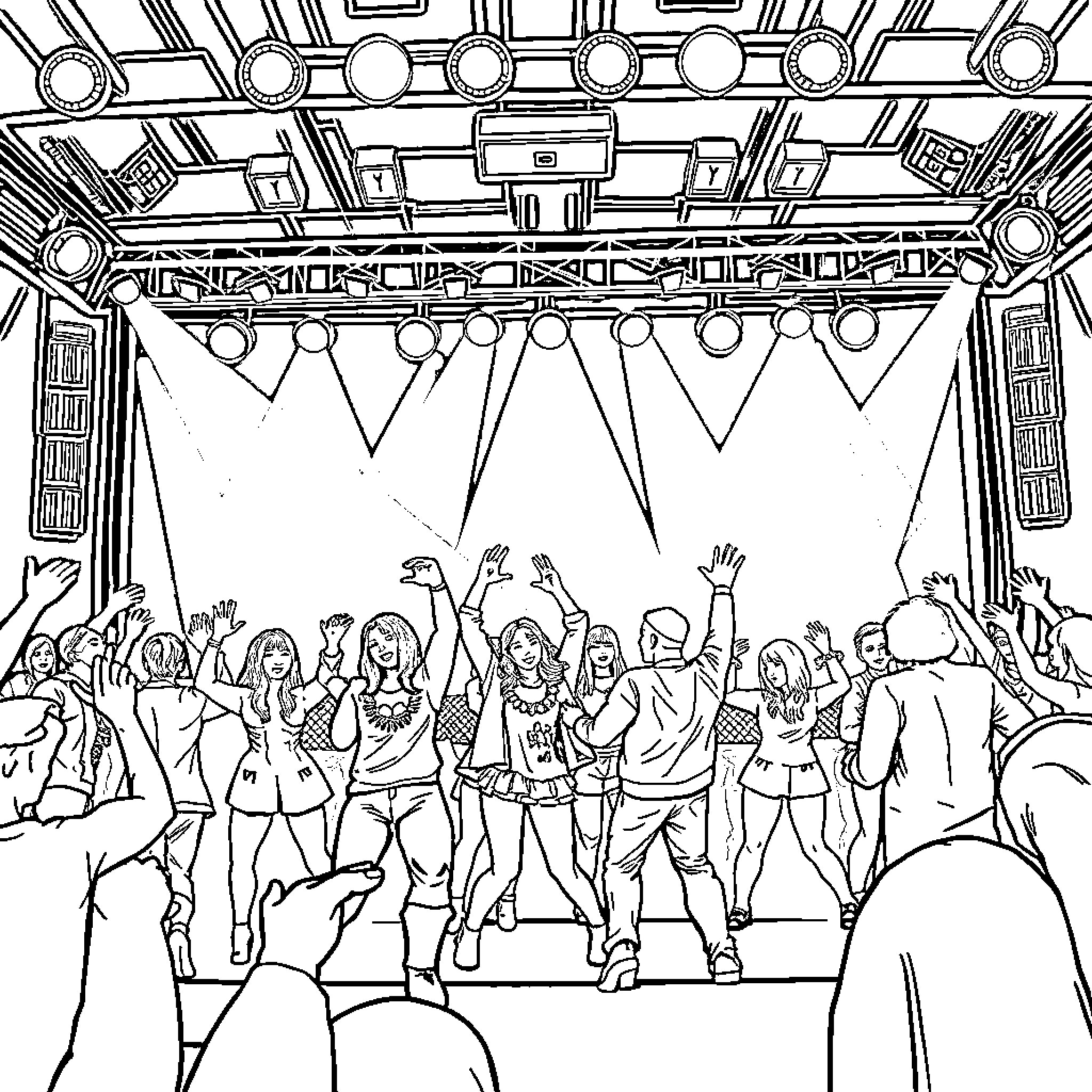 Kpop performers energizing the crowd on stage Coloring Page (free black-and-white line drawing printable PDF for all, from beginners to advanced learners, including children, teens, adults, and seniors)