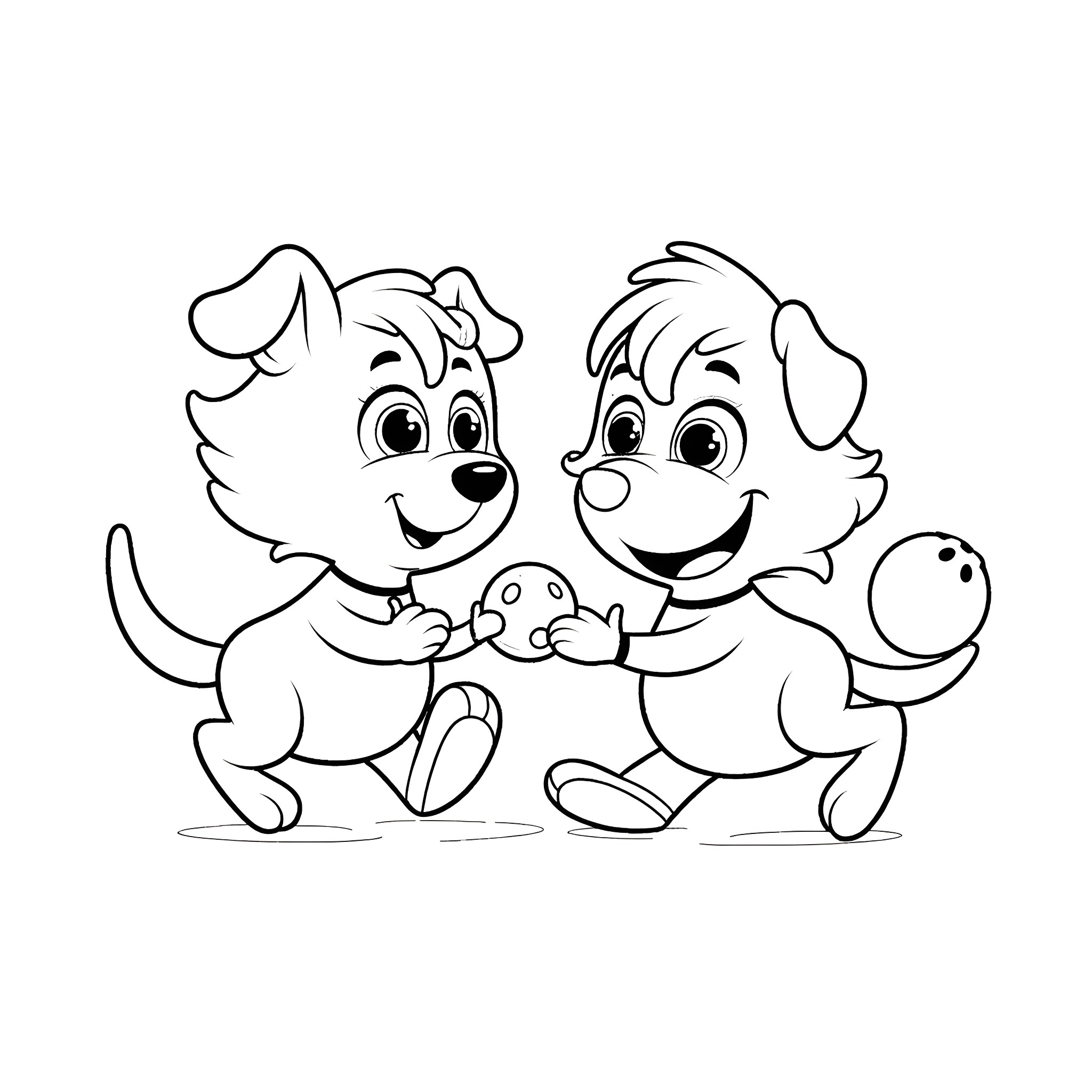 Bluey playing with puppy friend Coloring Page (free black-and-white line drawing printable PDF for all, from beginners to advanced learners, including children, teens, adults, and seniors)