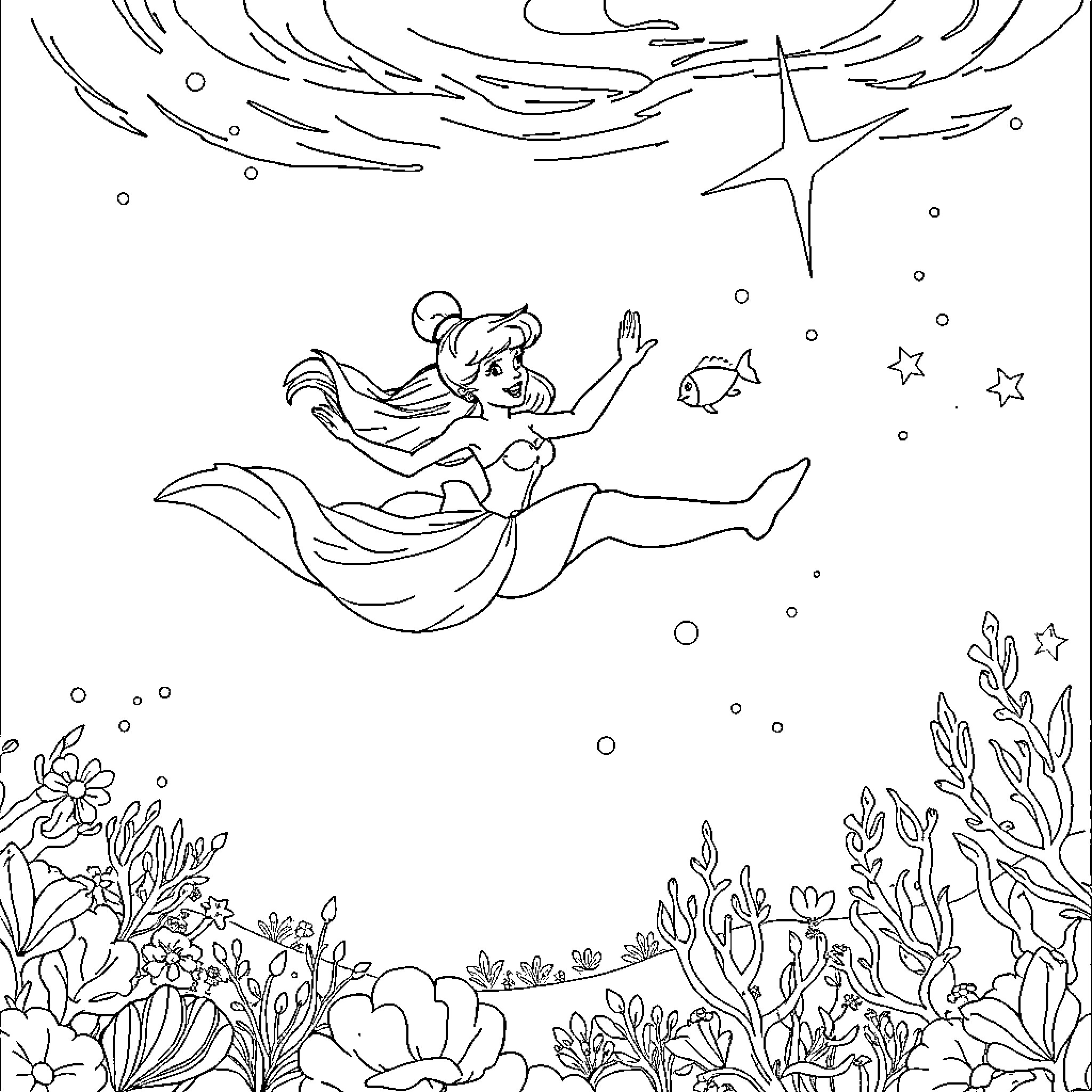 Cinderella swimming gracefully in the underwater kingdom Coloring Page (free black-and-white line drawing printable PDF for all, from beginners to advanced learners, including children, teens, adults, and seniors)