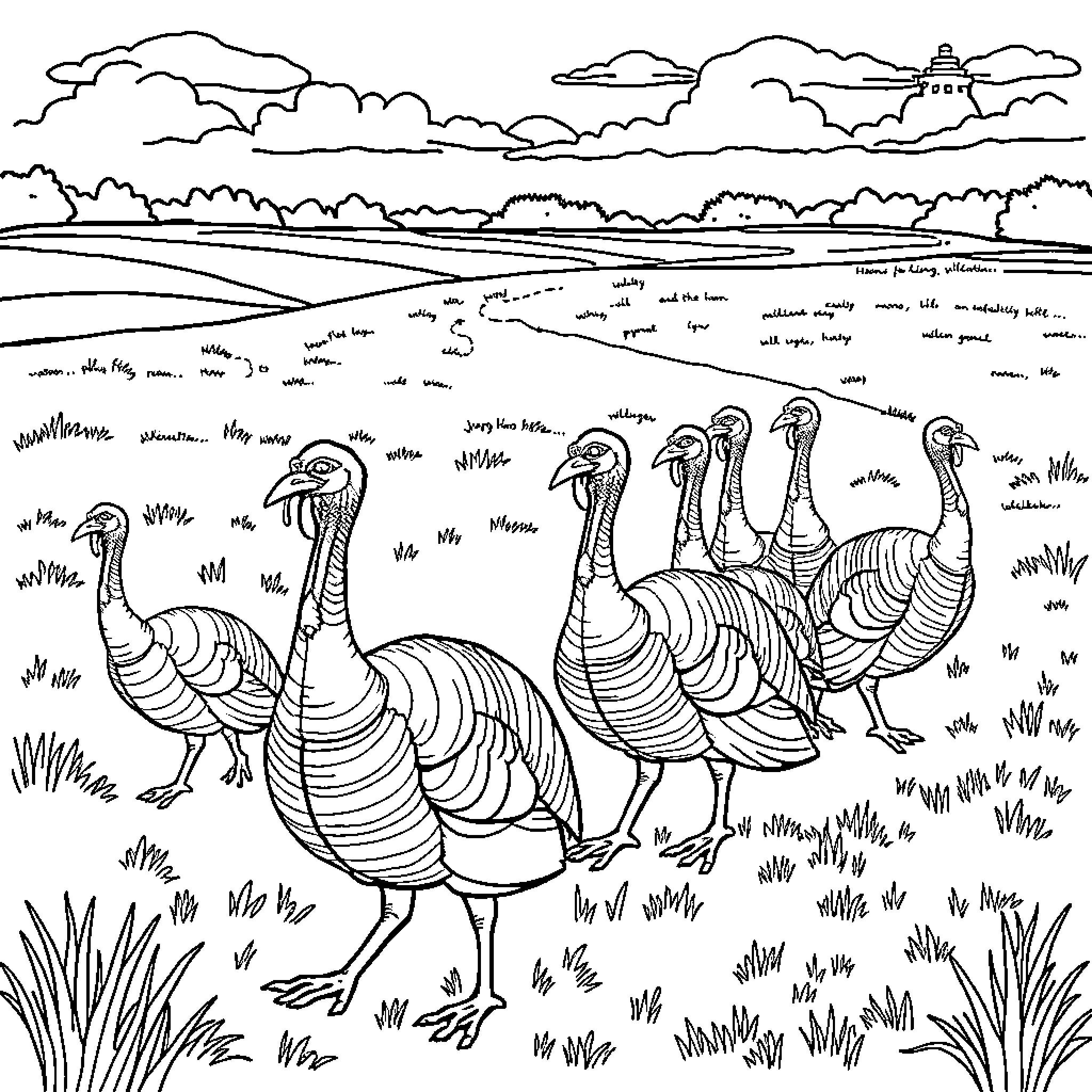 Turkey flock wandering through a pastoral scene Coloring Page (free black-and-white line drawing printable PDF for all, from beginners to advanced learners, including children, teens, adults, and seniors)