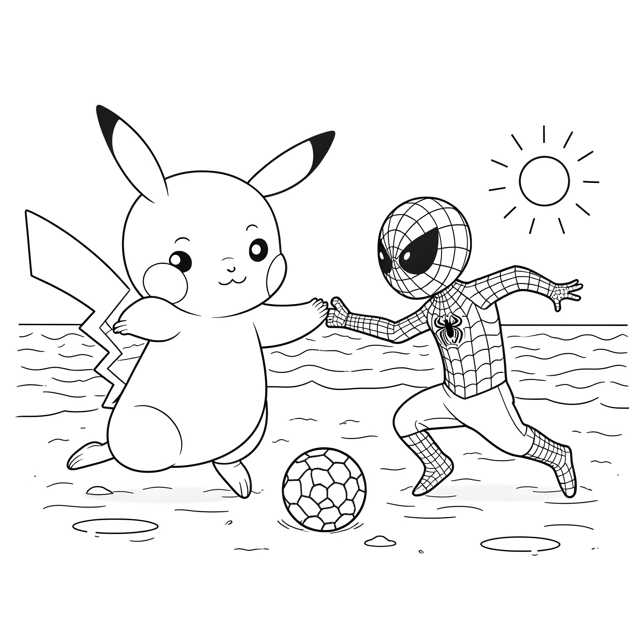 Pikachu playing with Spiderman on the beach Coloring Page (free black-and-white line drawing printable PDF for all, from beginners to advanced learners, including children, teens, adults, and seniors)