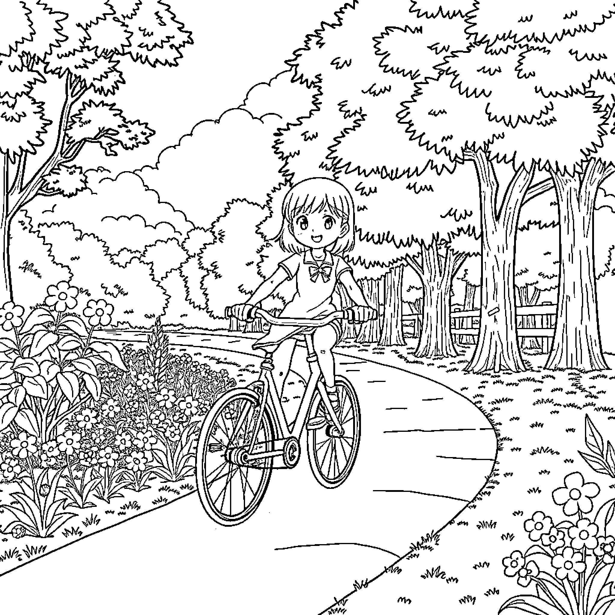 Kuromi riding bicycle through the enchanting forest Coloring Page (free black-and-white line drawing printable PDF for all, from beginners to advanced learners, including children, teens, adults, and seniors)