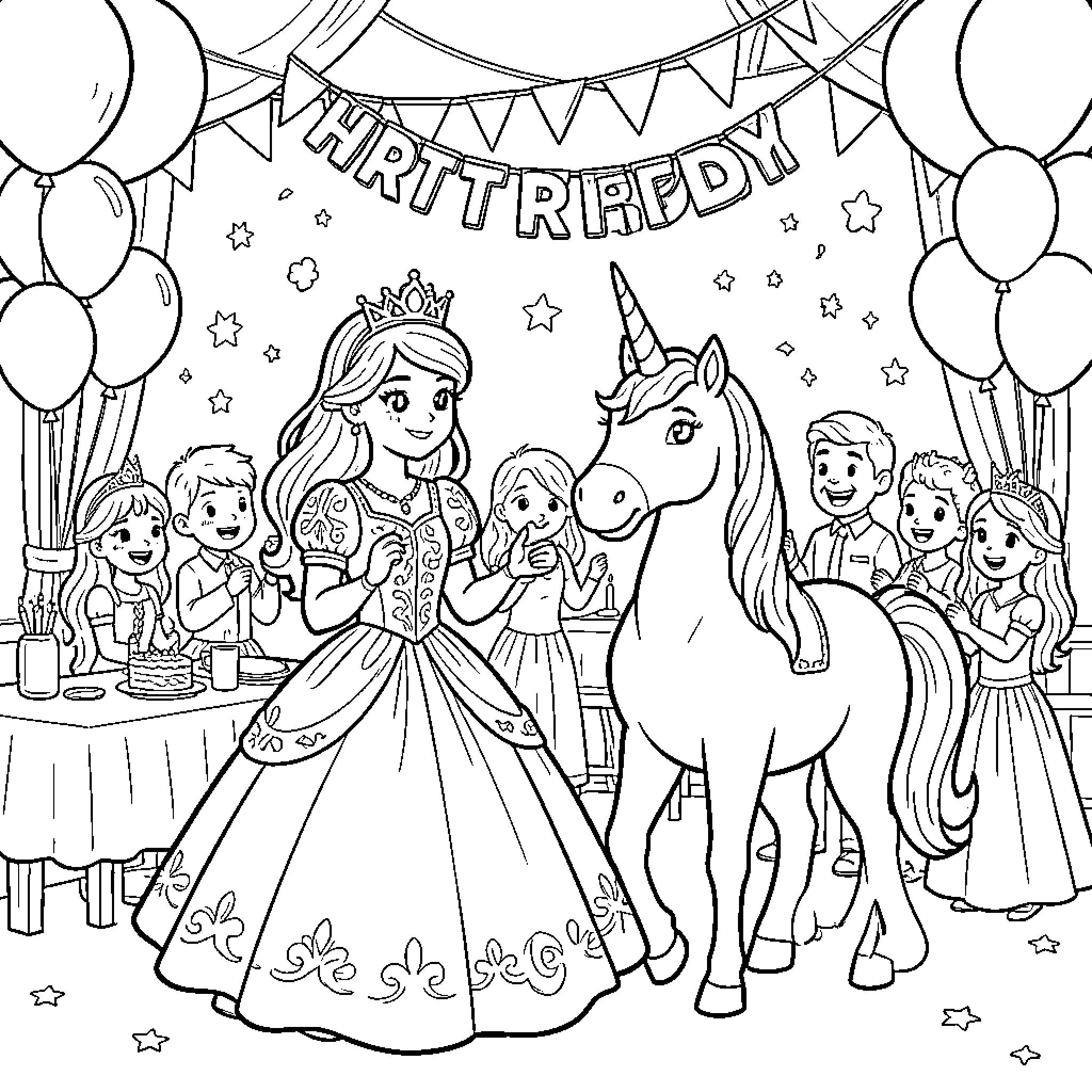 Unicorn celebrating a birthday party with royal friends Coloring Page (free black-and-white line drawing printable PDF for all, from beginners to advanced learners, including children, teens, adults, and seniors)