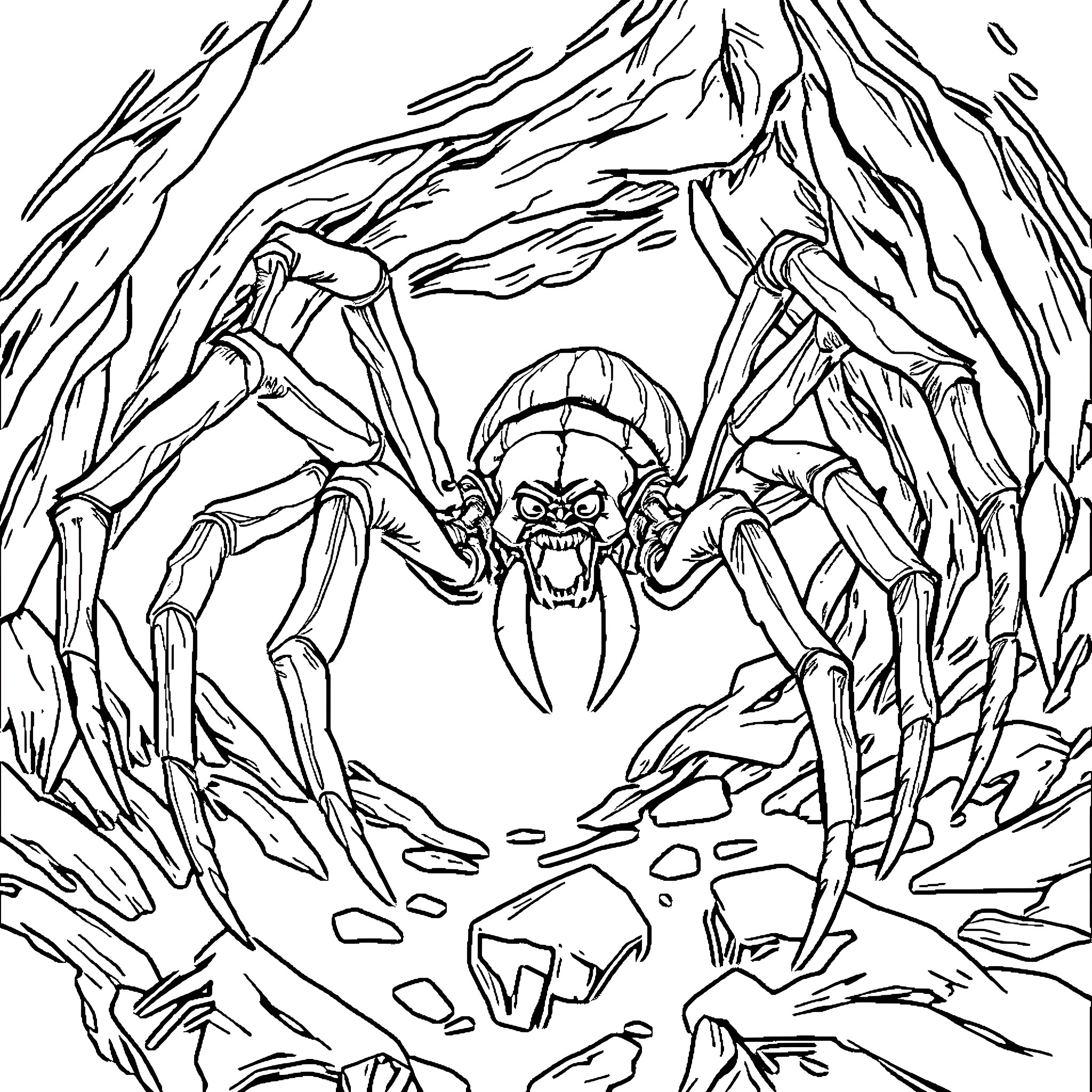 Spider monster emerging from the shadows Coloring Page (free black-and-white line drawing printable PDF for all, from beginners to advanced learners, including children, teens, adults, and seniors)