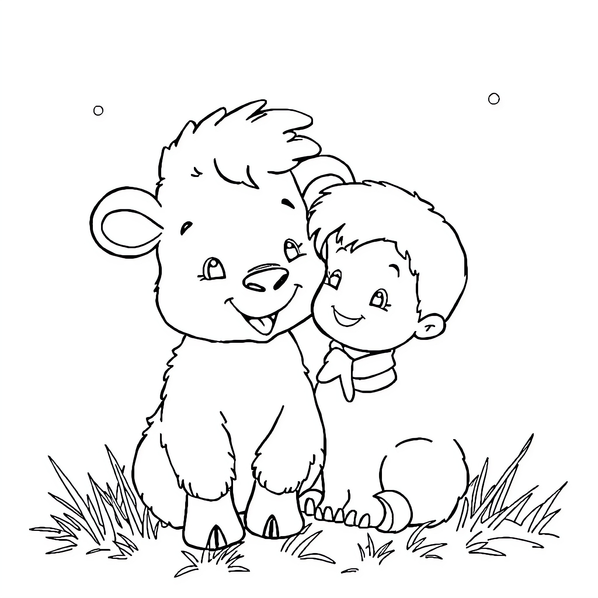 Sheep playing happily with child in the grass Coloring Page (free black-and-white line drawing printable PDF for all, from beginners to advanced learners, including children, teens, adults, and seniors)