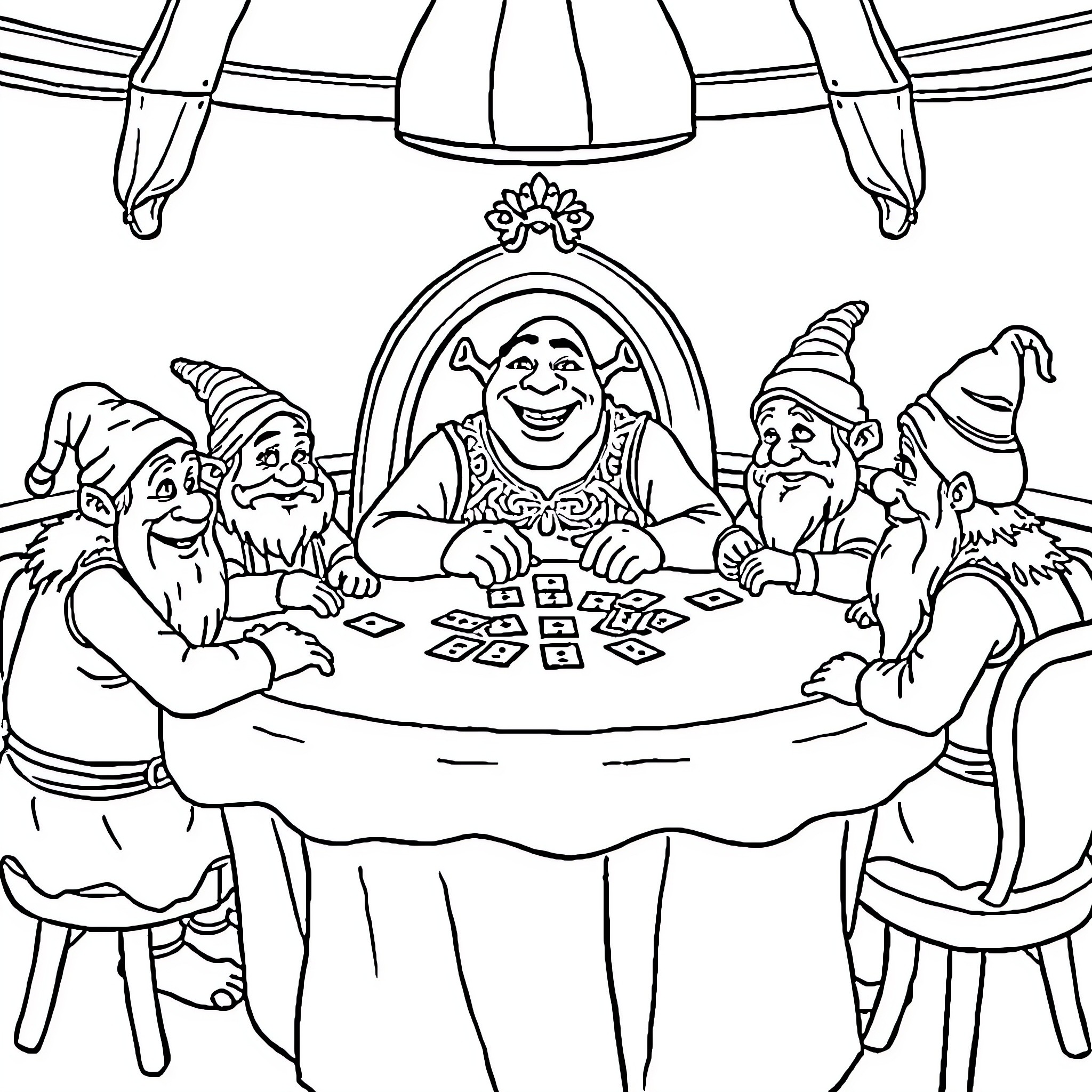 Shrek and friends playing a board game together Coloring Page (free black-and-white line drawing printable PDF for all, from beginners to advanced learners, including children, teens, adults, and seniors)