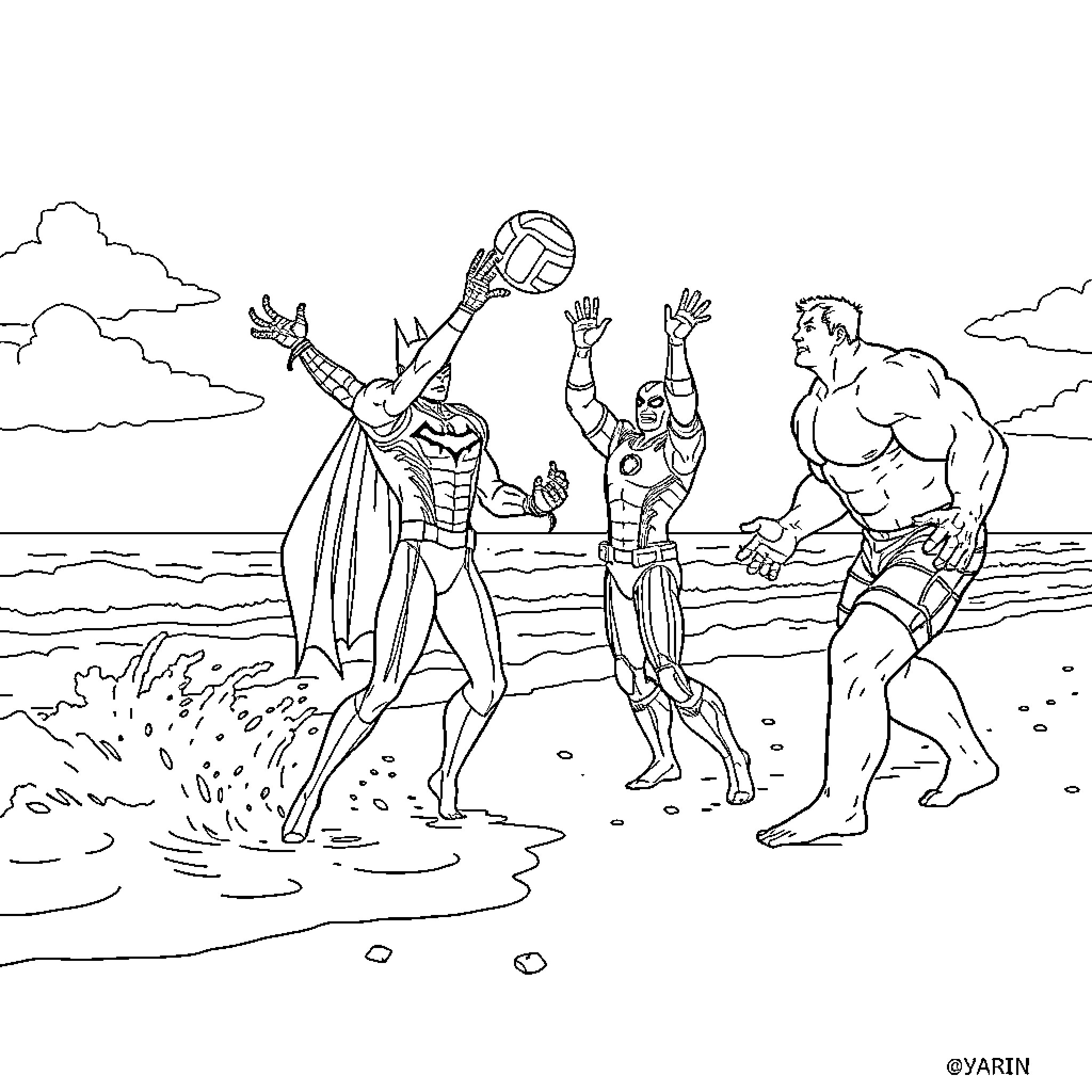 Superhero Showdown on the Beach Coloring Page (free black-and-white line drawing printable PDF for all, from beginners to advanced learners, including children, teens, adults, and seniors)