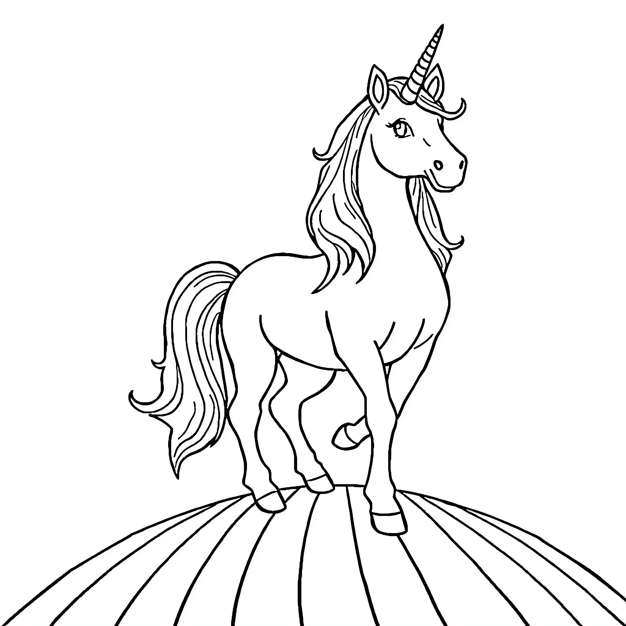 Unicorn standing majestically on a vibrant landscape Coloring Page (free black-and-white line drawing printable PDF for all, from beginners to advanced learners, including children, teens, adults, and seniors)