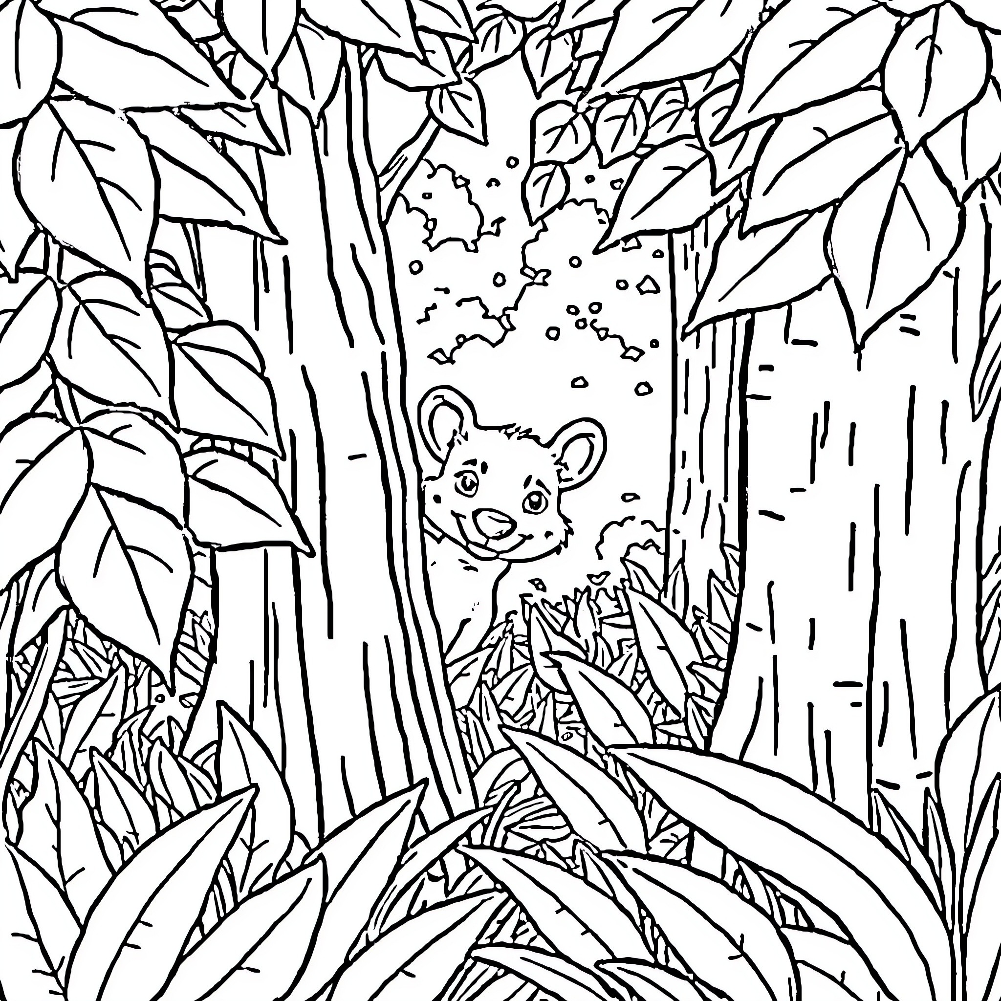 Animal peeking curiously through forest foliage Coloring Page (free black-and-white line drawing printable PDF for all, from beginners to advanced learners, including children, teens, adults, and seniors)