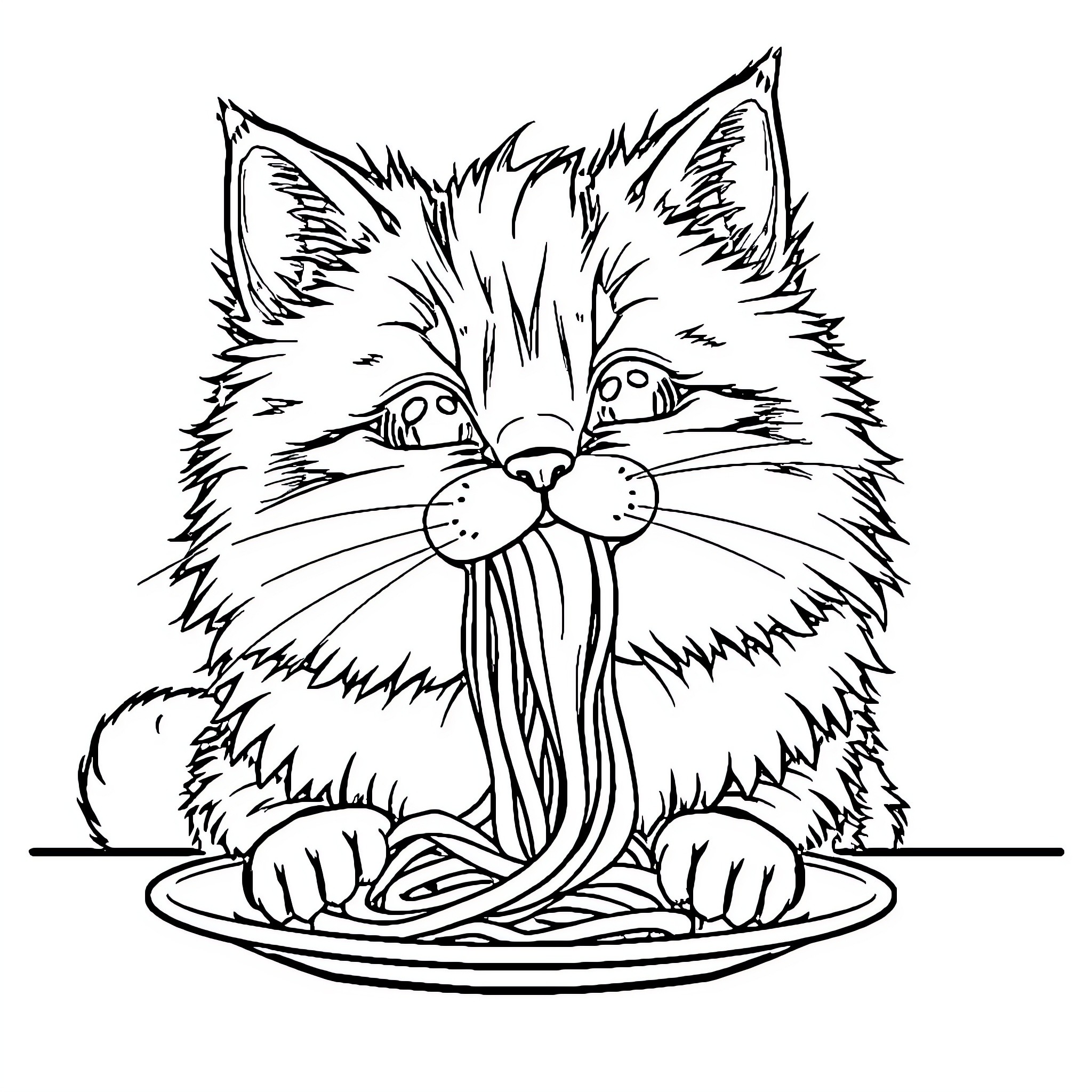 Cat enjoying a bowl of noodles Coloring Page (free black-and-white line drawing printable PDF for all, from beginners to advanced learners, including children, teens, adults, and seniors)