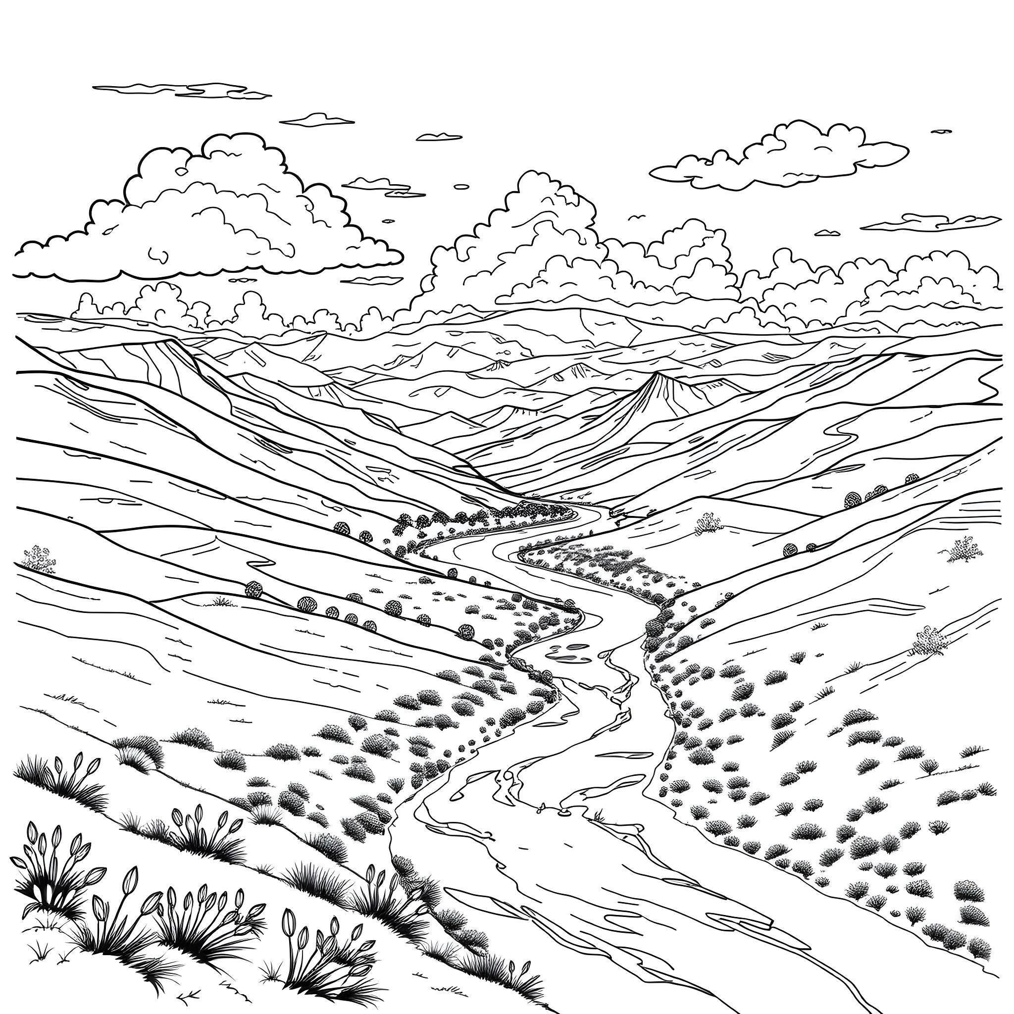 Image of a mountainous landscape with a winding river Coloring Page (free black-and-white line drawing printable PDF for all, from beginners to advanced learners, including children, teens, adults, and seniors)