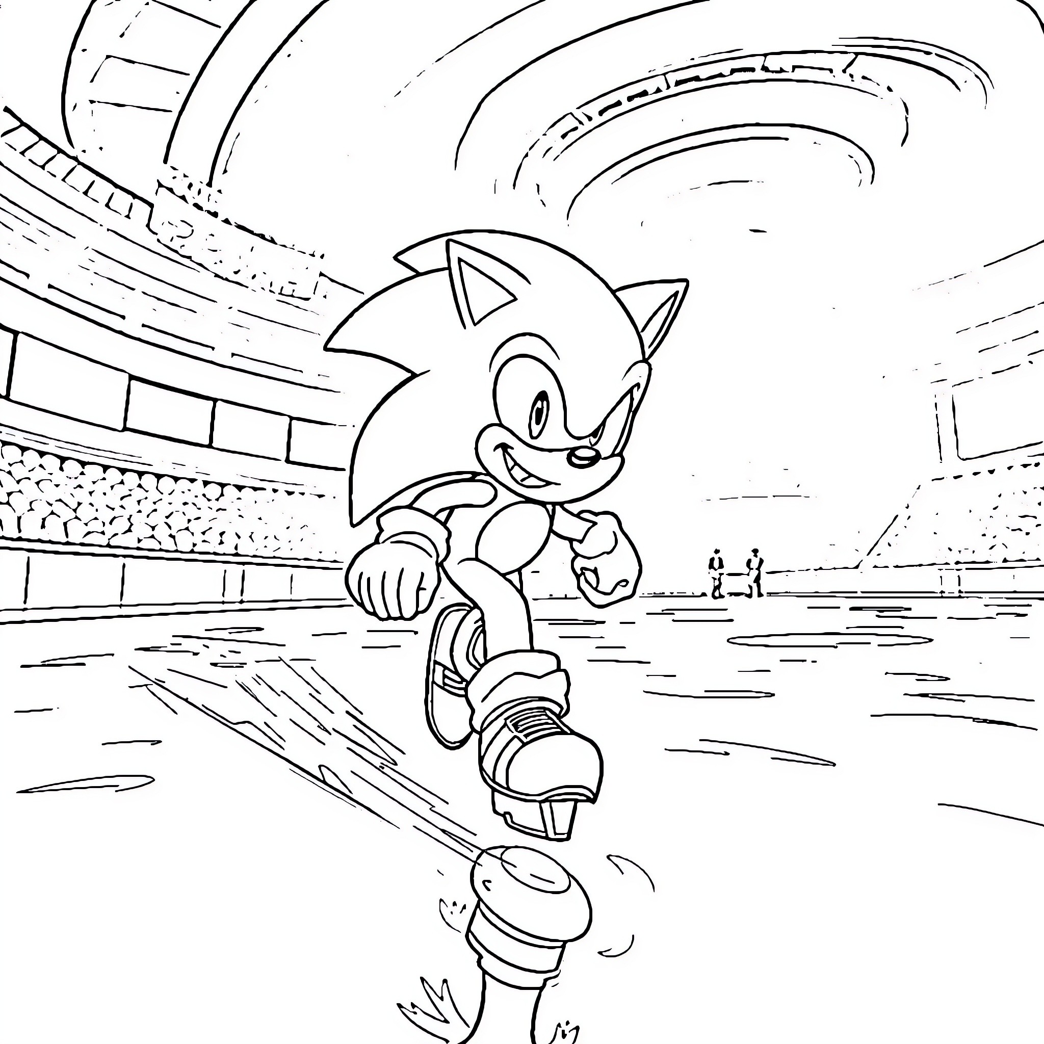 Sonic racing through an indoor stadium Coloring Page (free black-and-white line drawing printable PDF for all, from beginners to advanced learners, including children, teens, adults, and seniors)