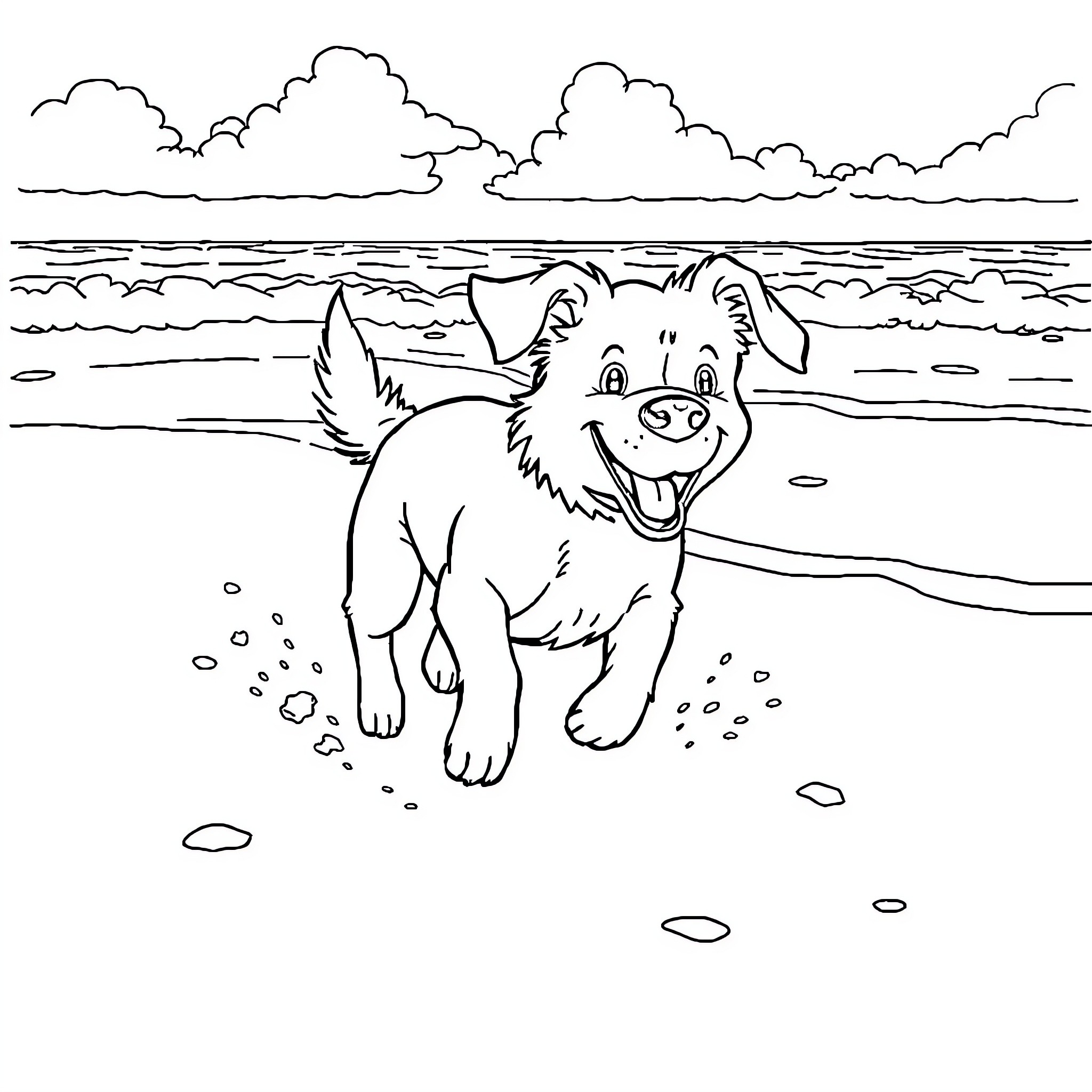 Dog enjoying a day at the beach Coloring Page (free black-and-white line drawing printable PDF for all, from beginners to advanced learners, including children, teens, adults, and seniors)