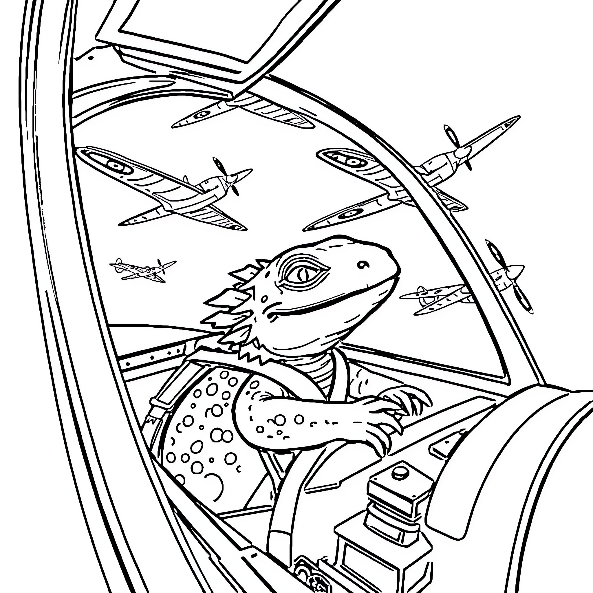 Axolotl pilot in futuristic spacecraft Coloring Page (free black-and-white line drawing printable PDF for all, from beginners to advanced learners, including children, teens, adults, and seniors)