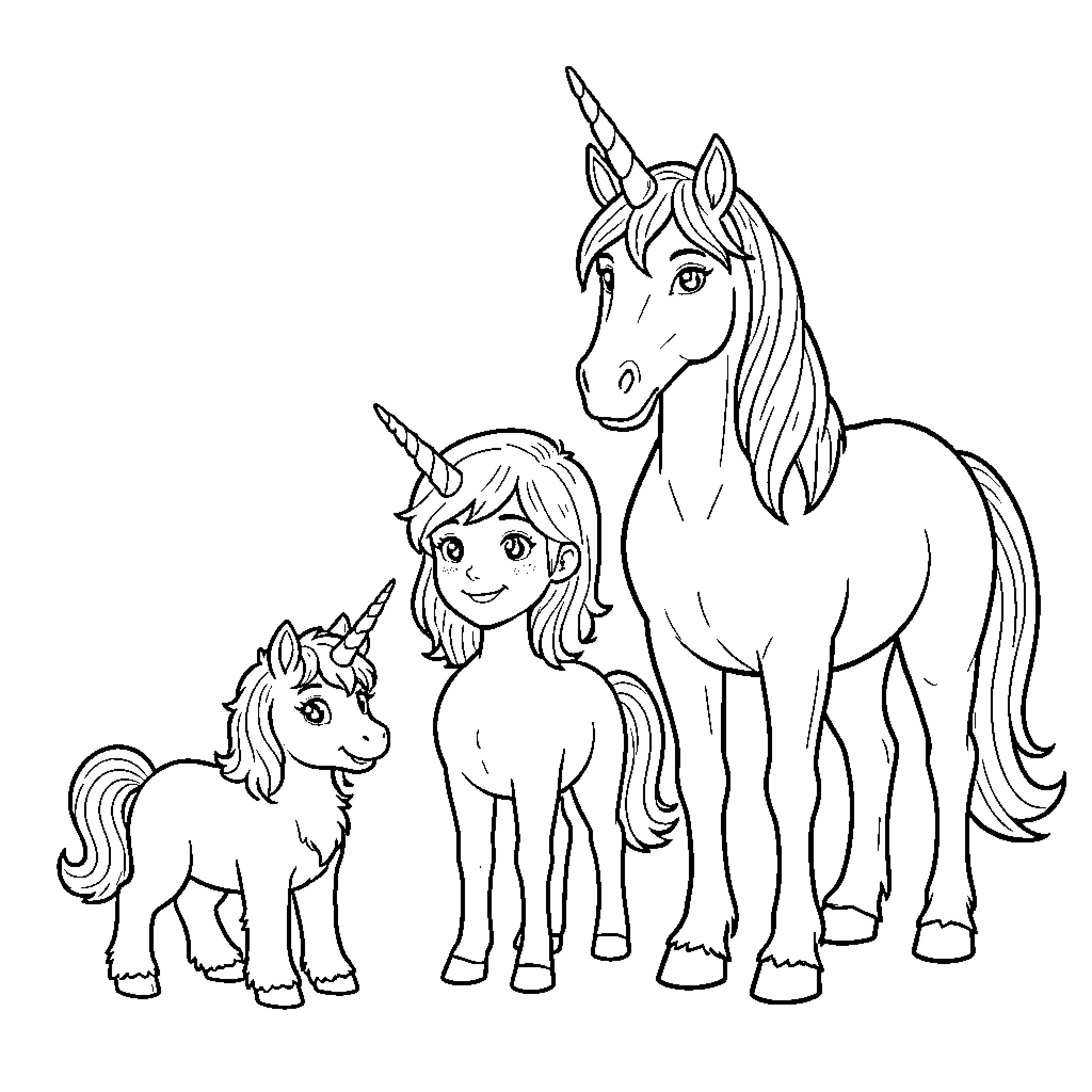 Unicorn and child playing together Coloring Page (free black-and-white line drawing printable PDF for all, from beginners to advanced learners, including children, teens, adults, and seniors)