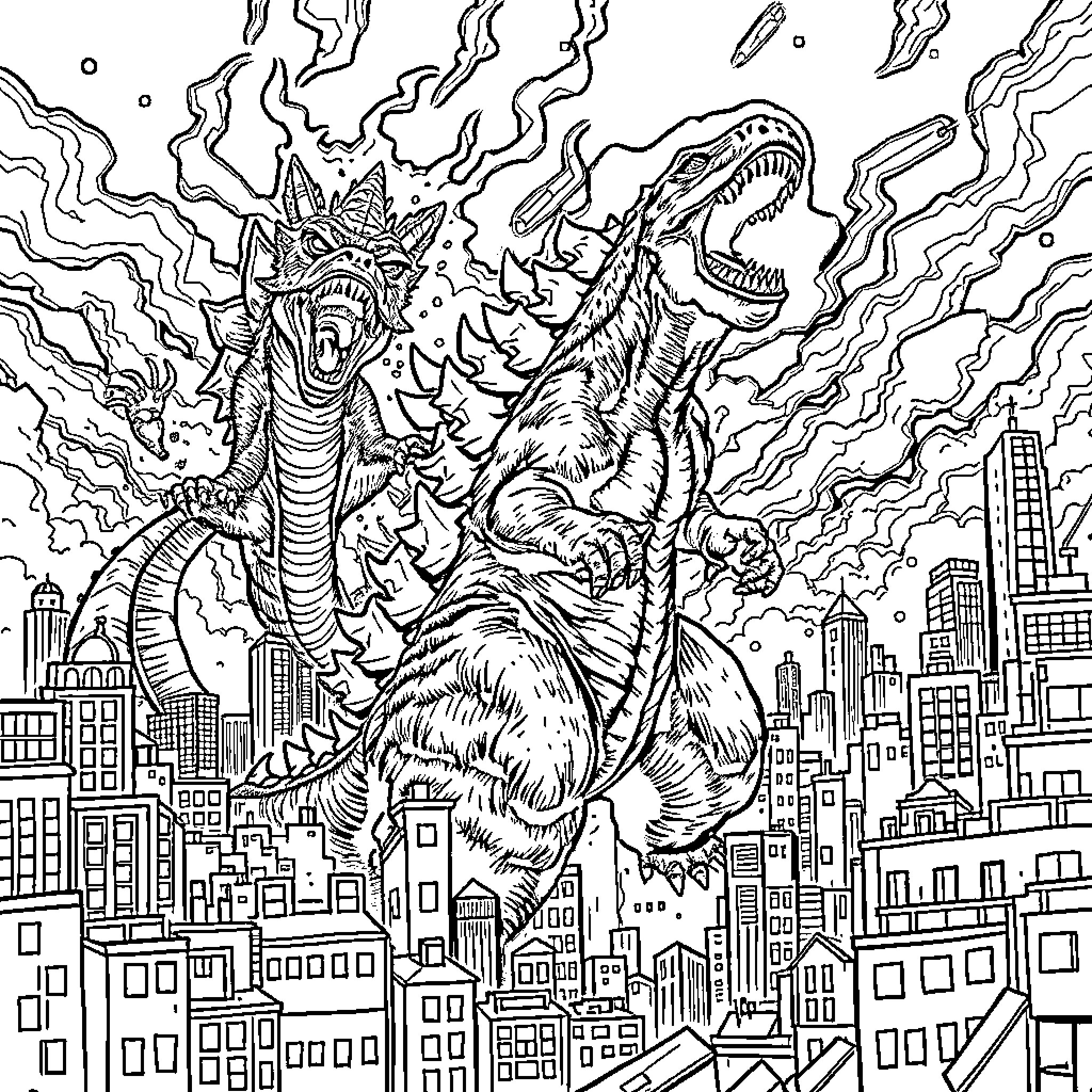 Godzilla rampaging through a city skyline Coloring Page (free black-and-white line drawing printable PDF for all, from beginners to advanced learners, including children, teens, adults, and seniors)