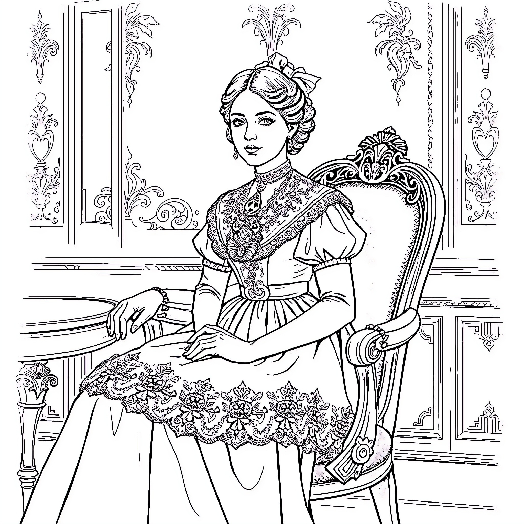 Lady in Elegant Victorian Dress and Hairstyle Coloring Page (free black-and-white line drawing printable PDF for all, from beginners to advanced learners, including children, teens, adults, and seniors)