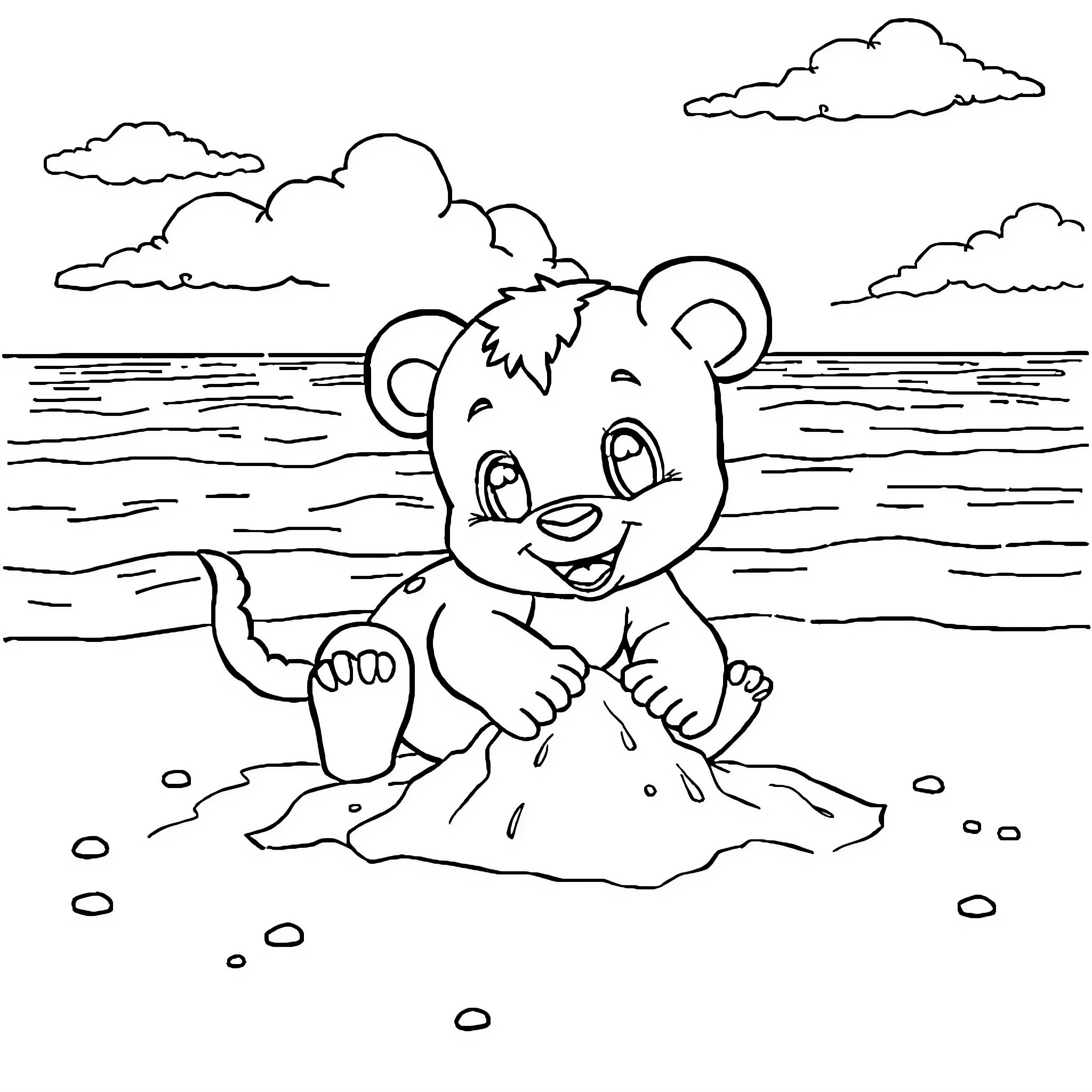 Labubu playing happily on the beach Coloring Page (free black-and-white line drawing printable PDF for all, from beginners to advanced learners, including children, teens, adults, and seniors)