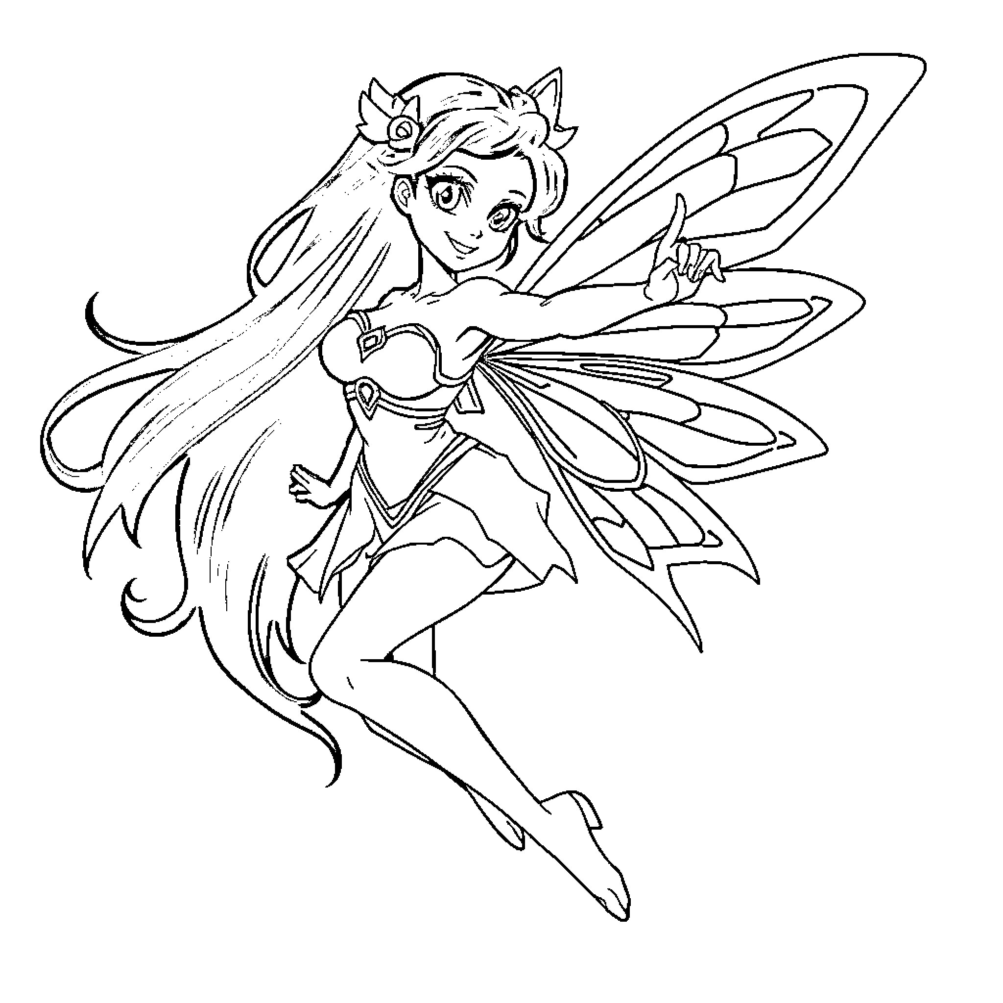 Fairy in flight with wings spread Coloring Page (free black-and-white line drawing printable PDF for all, from beginners to advanced learners, including children, teens, adults, and seniors)