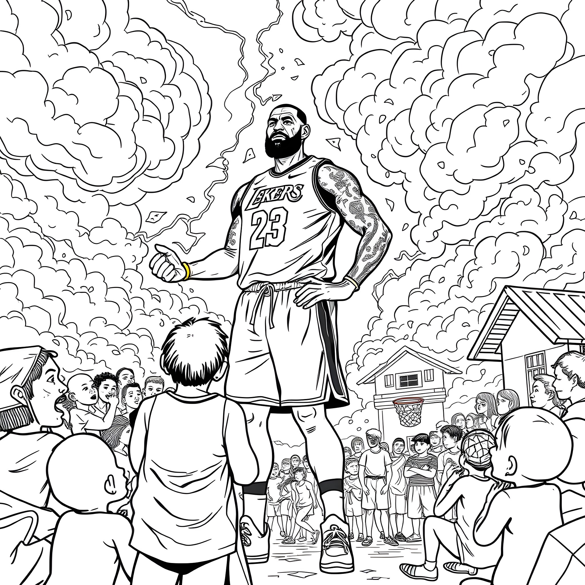 LeBron James Inspiring the Community with His Presence Coloring Page (free black-and-white line drawing printable PDF for all, from beginners to advanced learners, including children, teens, adults, and seniors)