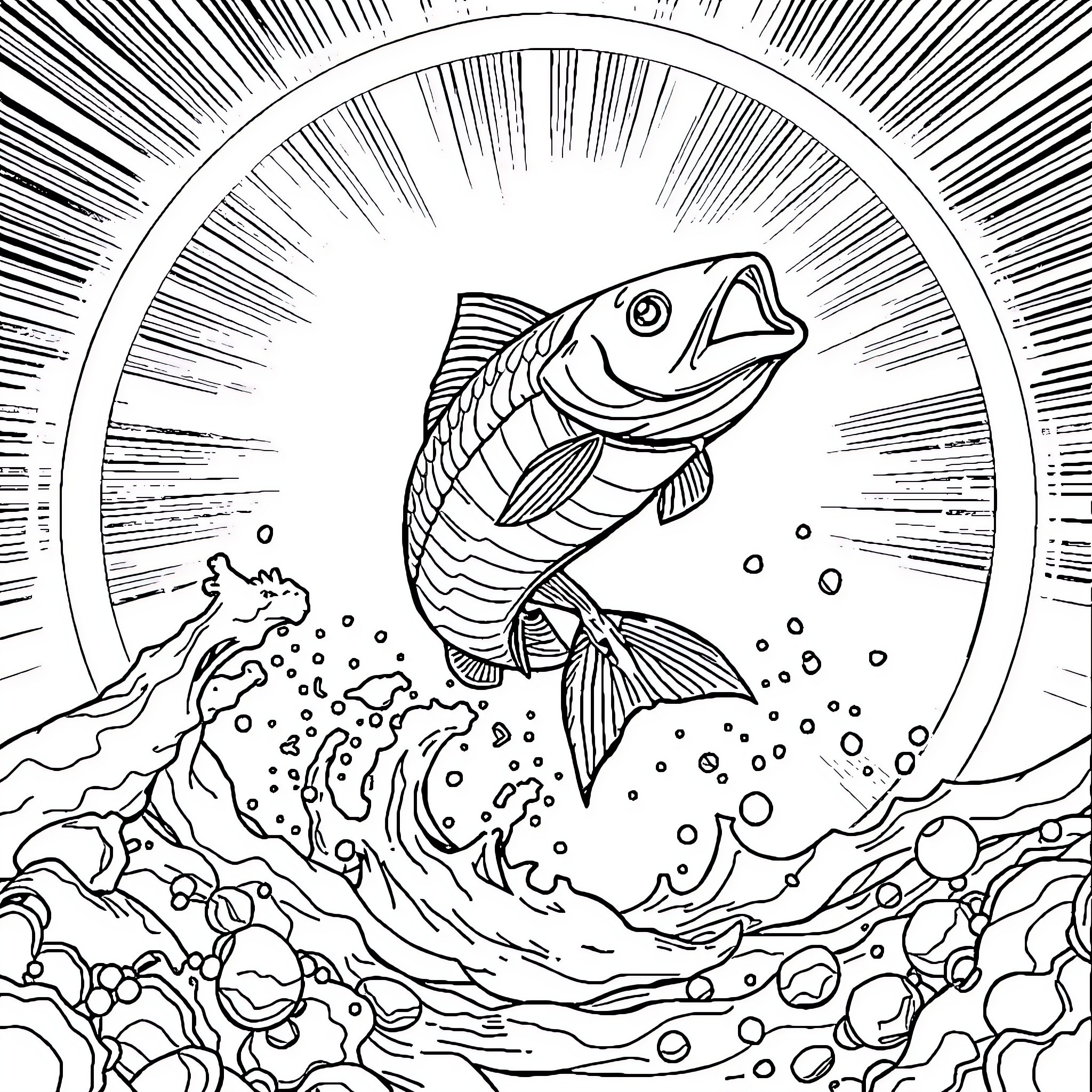 Fish leaping in a whirlwind of energy Coloring Page (free black-and-white line drawing printable PDF for all, from beginners to advanced learners, including children, teens, adults, and seniors)