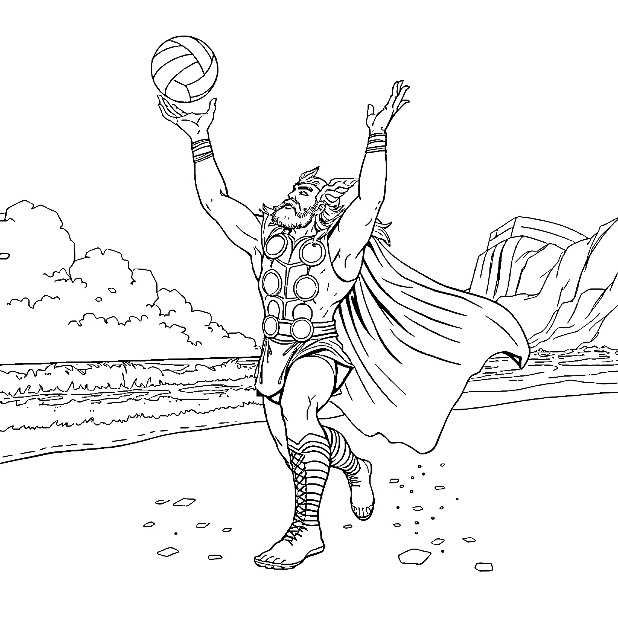 Thor triumphantly raising volleyball on the beach Coloring Page (free black-and-white line drawing printable PDF for all, from beginners to advanced learners, including children, teens, adults, and seniors)