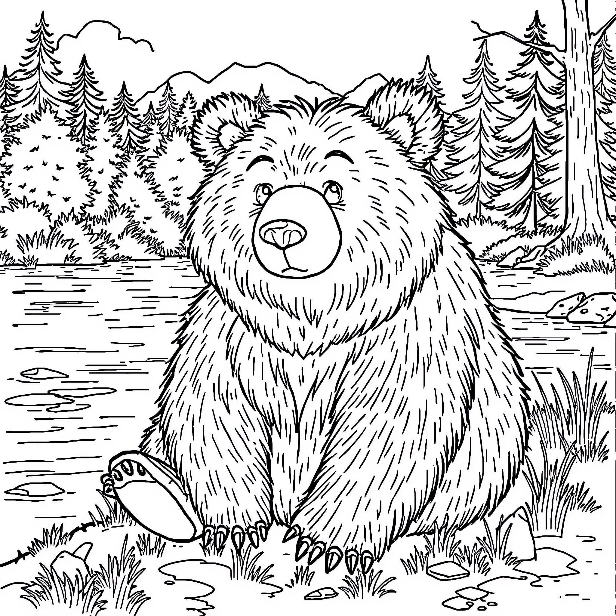Grizzly bear enjoying nature in forest landscape Coloring Page (free black-and-white line drawing printable PDF for all, from beginners to advanced learners, including children, teens, adults, and seniors)