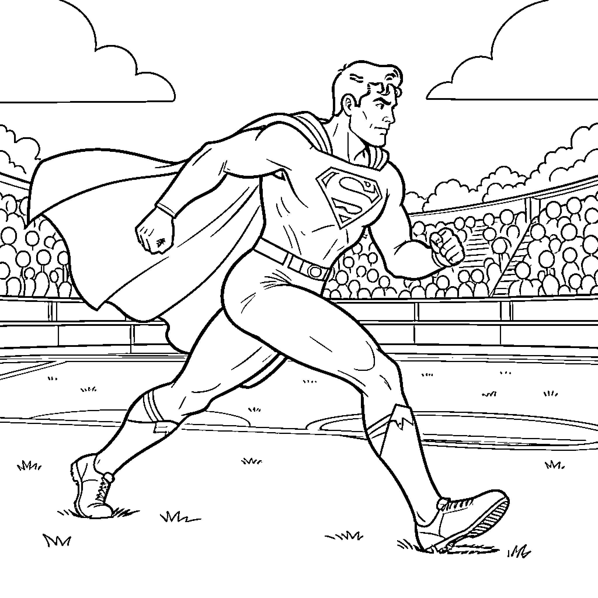 Superman running heroically through a crowded stadium Coloring Page (free black-and-white line drawing printable PDF for all, from beginners to advanced learners, including children, teens, adults, and seniors)