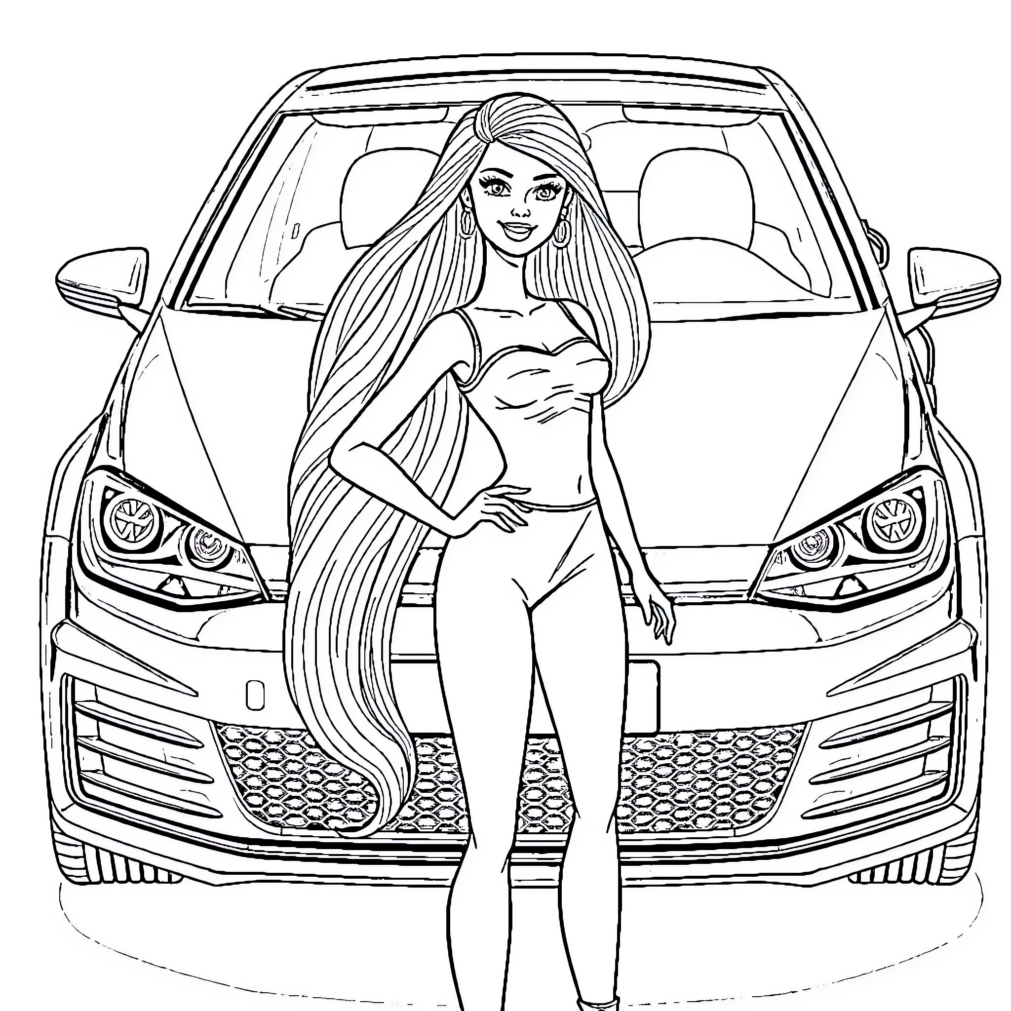 Barbie posing confidently with luxury sports car Coloring Page (free black-and-white line drawing printable PDF for all, from beginners to advanced learners, including children, teens, adults, and seniors)
