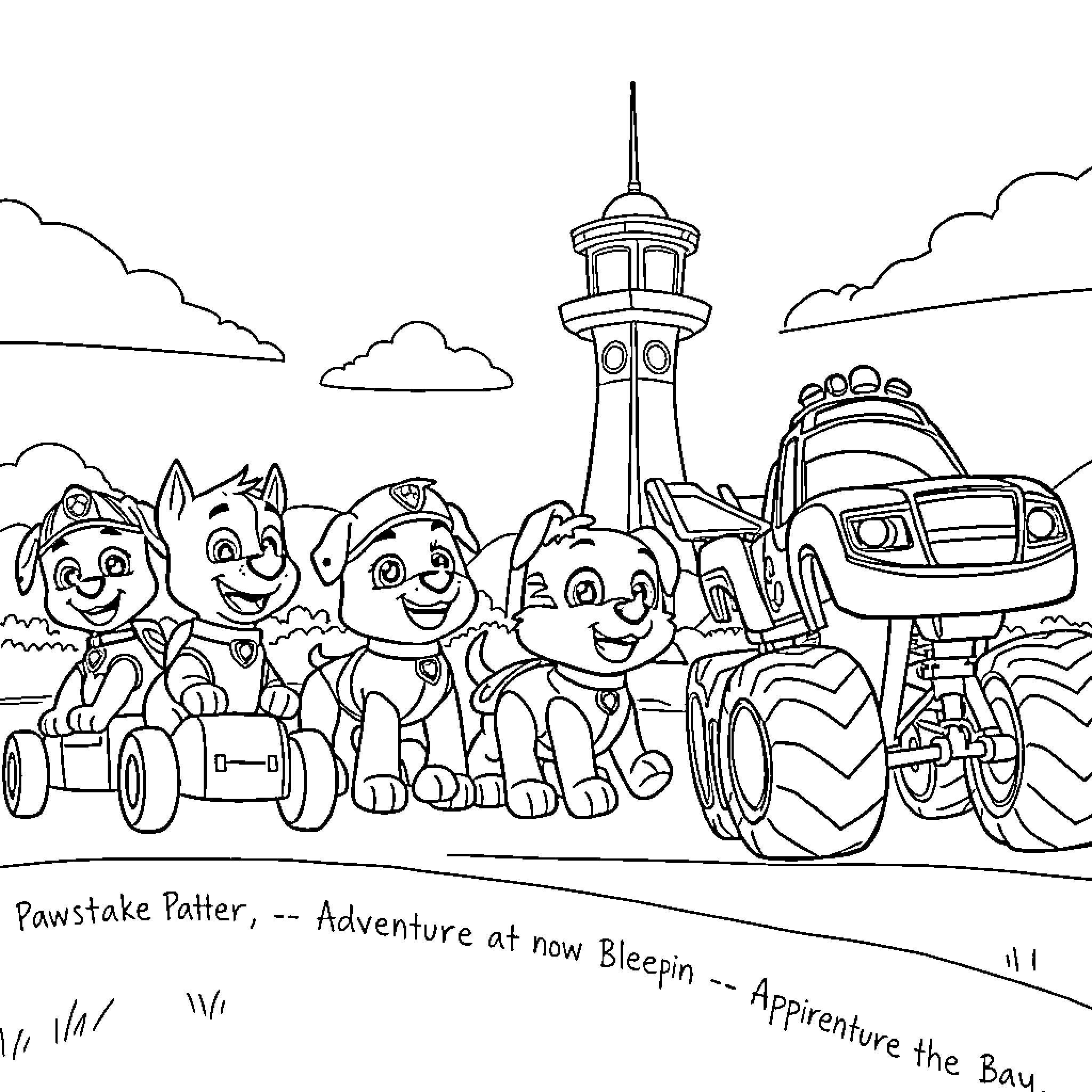 Paw Patrol Adventure at the new Bau Playset Coloring Page (free black-and-white line drawing printable PDF for all, from beginners to advanced learners, including children, teens, adults, and seniors)