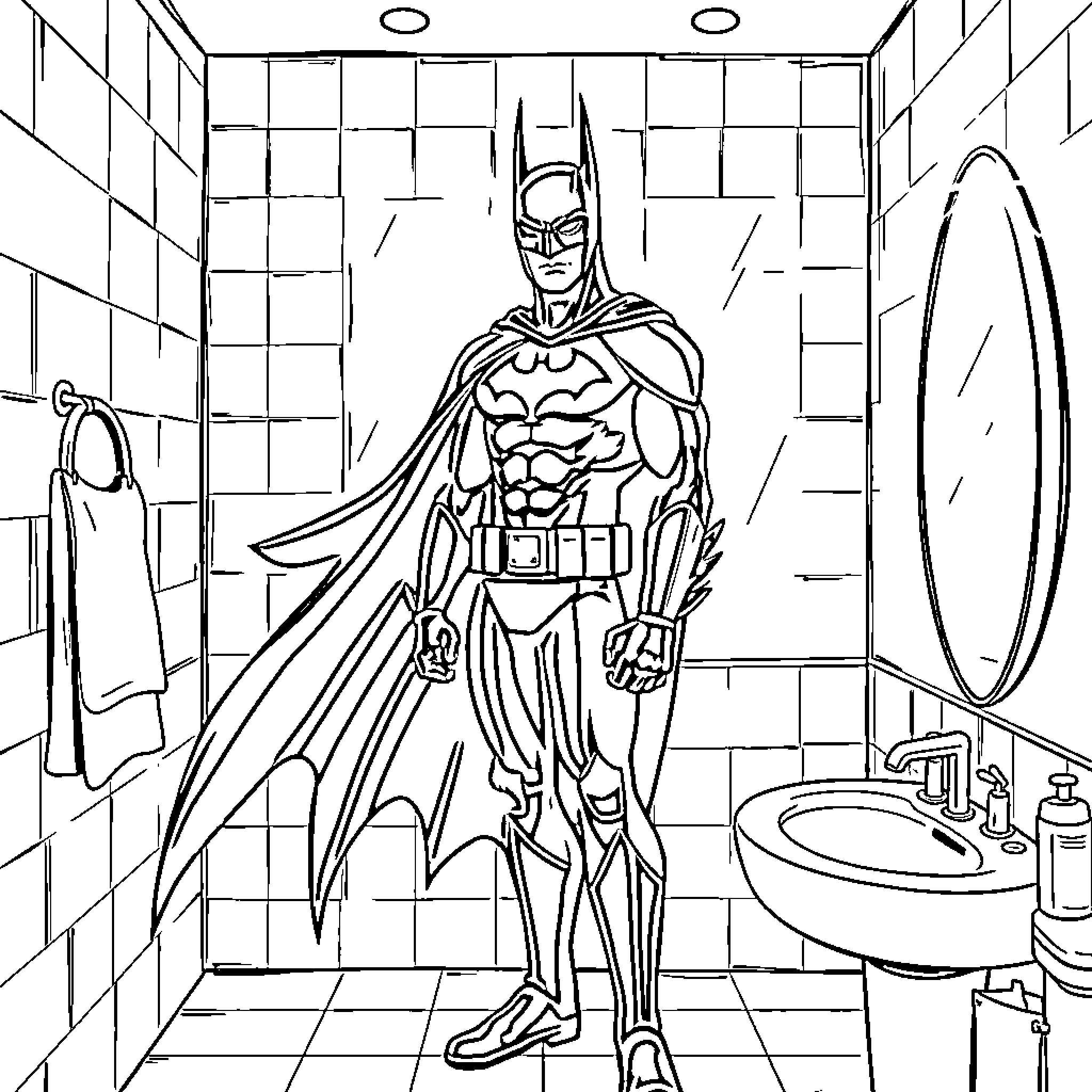 Batman heroically stands in a bathroom Coloring Page (free black-and-white line drawing printable PDF for all, from beginners to advanced learners, including children, teens, adults, and seniors)