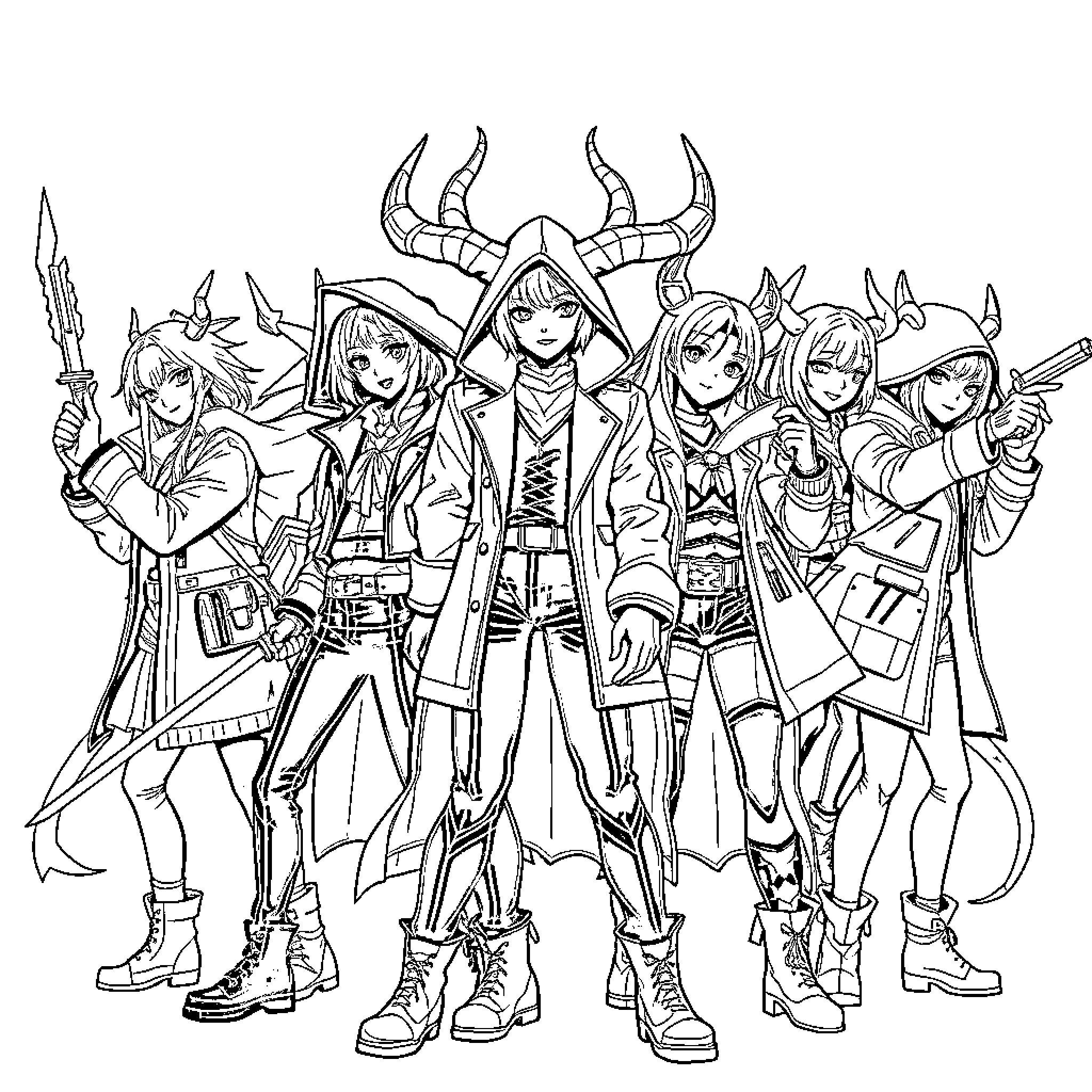 Demon Hunter Squad in Action-Packed Attire Coloring Page (free black-and-white line drawing printable PDF for all, from beginners to advanced learners, including children, teens, adults, and seniors)