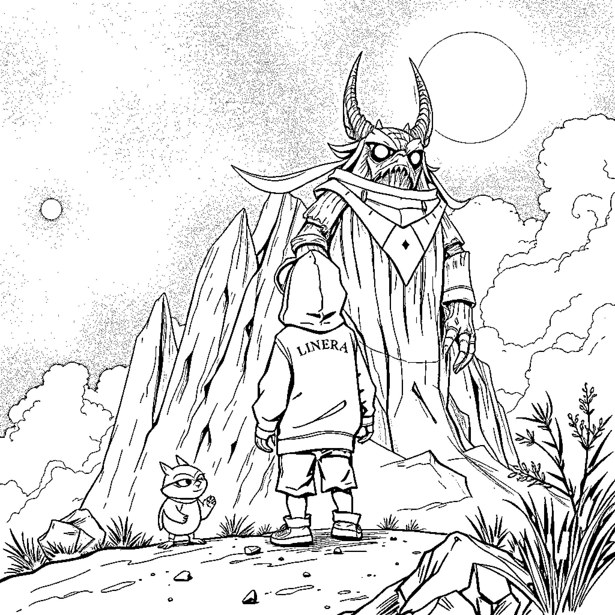 Bear-like creature in mystical forest landscape Coloring Page (free black-and-white line drawing printable PDF for all, from beginners to advanced learners, including children, teens, adults, and seniors)