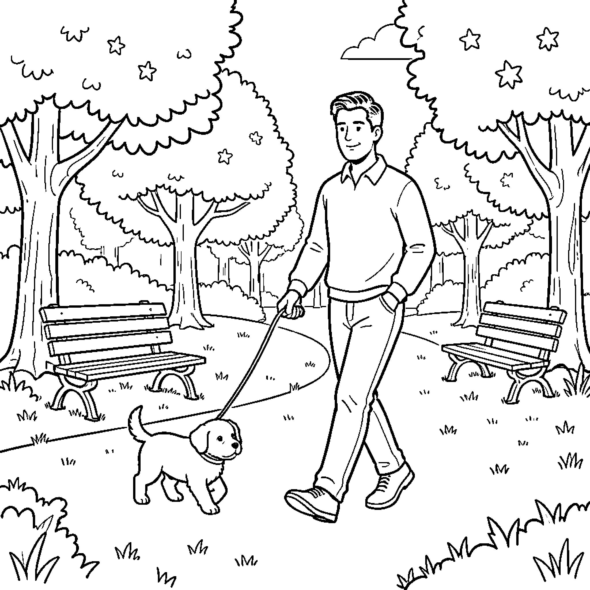 Man walking a small dog through a park Coloring Page (free black-and-white line drawing printable PDF for all, from beginners to advanced learners, including children, teens, adults, and seniors)