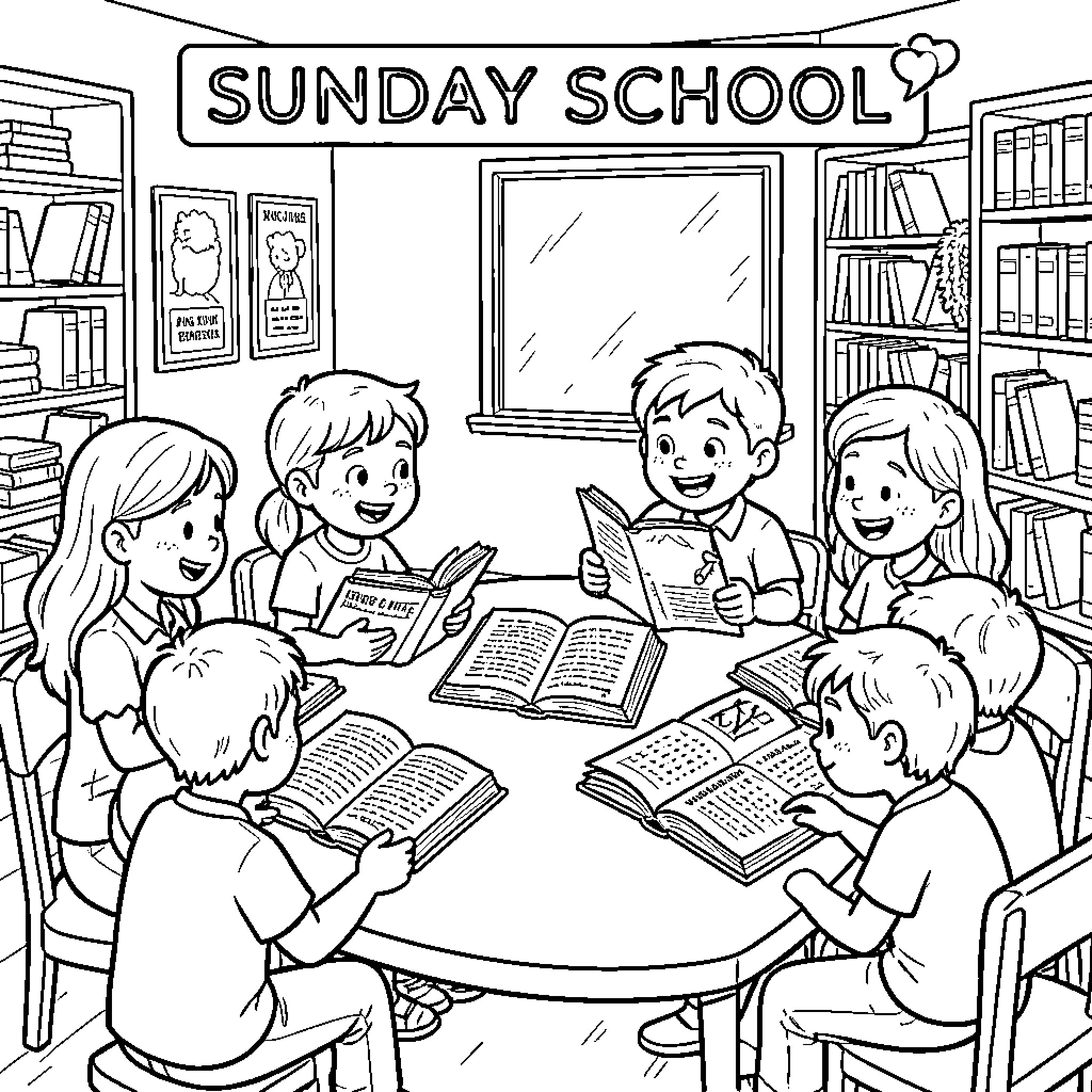 Bible study group of children reading books together Coloring Page (free black-and-white line drawing printable PDF for all, from beginners to advanced learners, including children, teens, adults, and seniors)