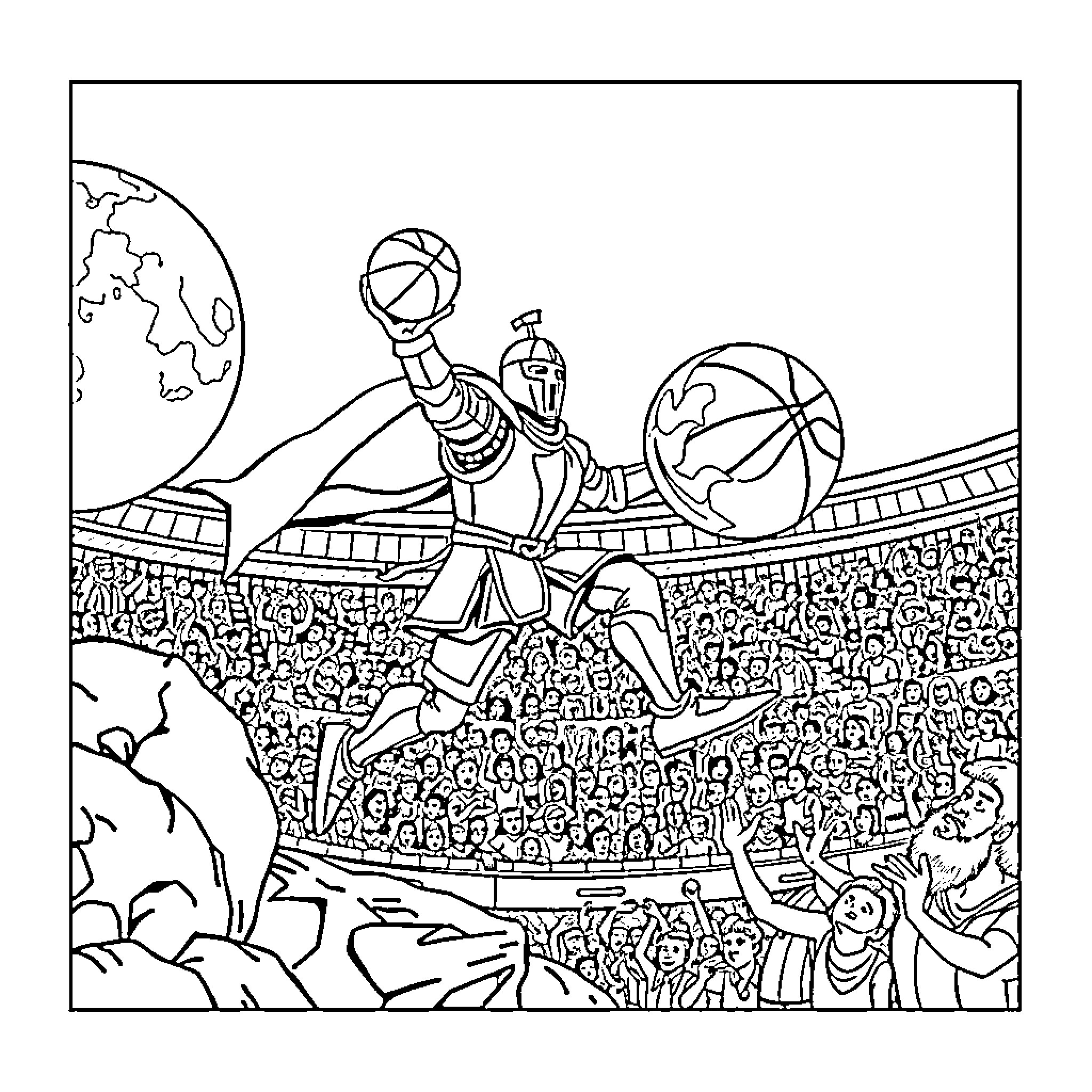 Knight competing in a grand basketball tournament Coloring Page (free black-and-white line drawing printable PDF for all, from beginners to advanced learners, including children, teens, adults, and seniors)