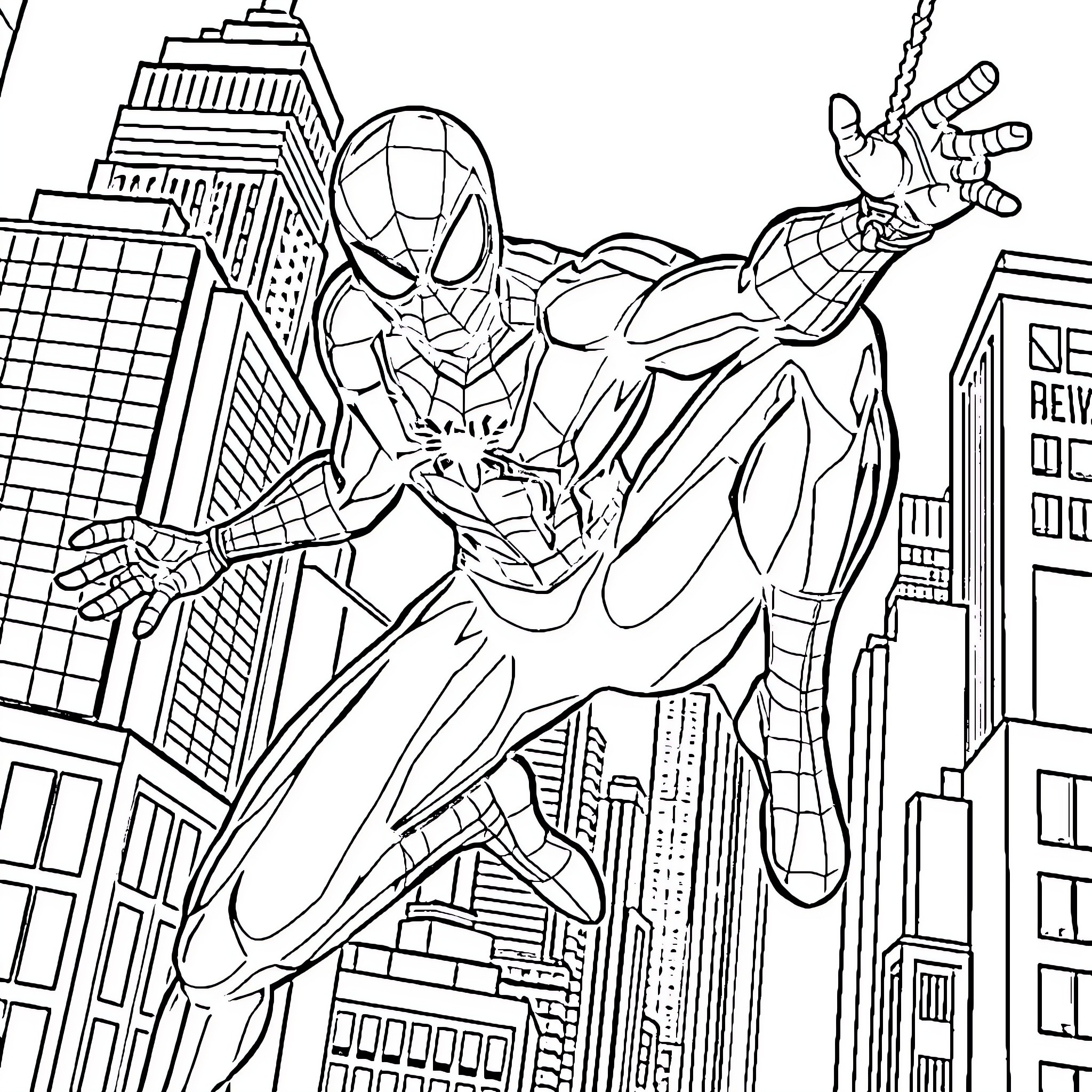 Spiderman swinging through the city skyline Coloring Page (free black-and-white line drawing printable PDF for all, from beginners to advanced learners, including children, teens, adults, and seniors)