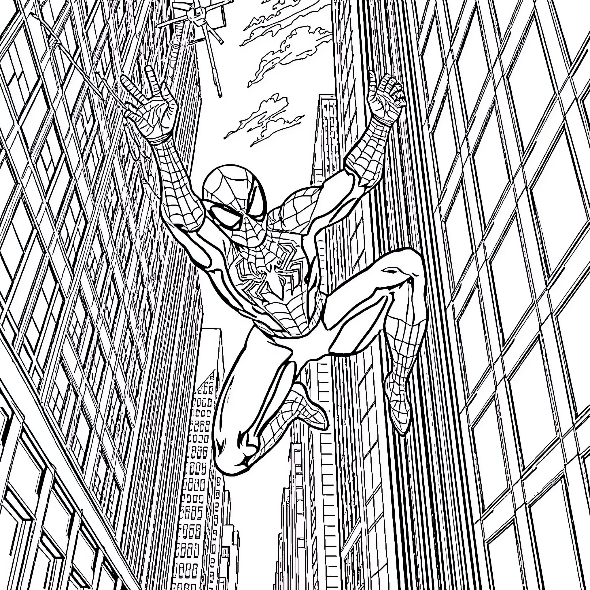 Spider-Man swinging through the city Coloring Page (free black-and-white line drawing printable PDF for all, from beginners to advanced learners, including children, teens, adults, and seniors)