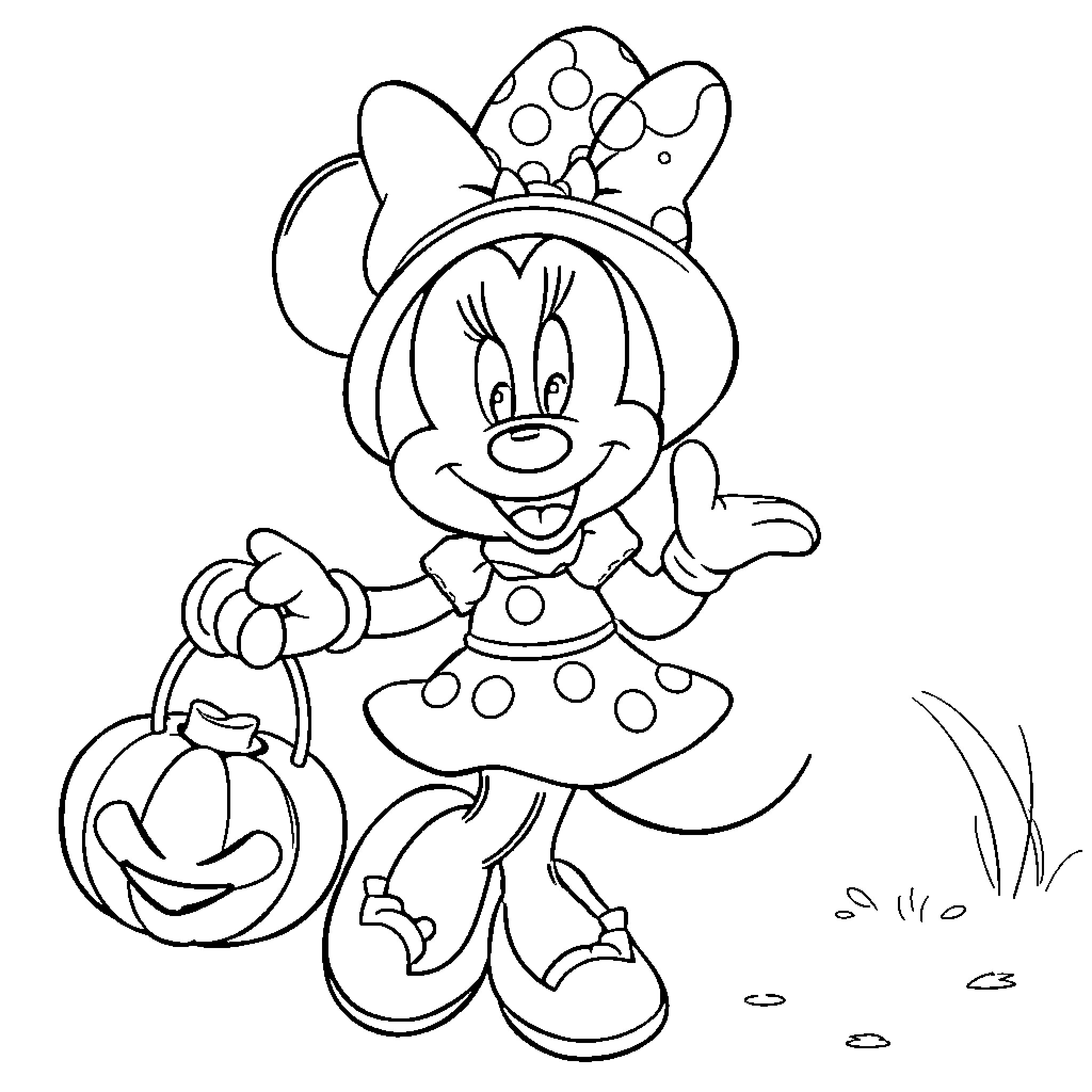 Minnie Mouse trick-or-treating with pumpkin basket Coloring Page (free black-and-white line drawing printable PDF for all, from beginners to advanced learners, including children, teens, adults, and seniors)