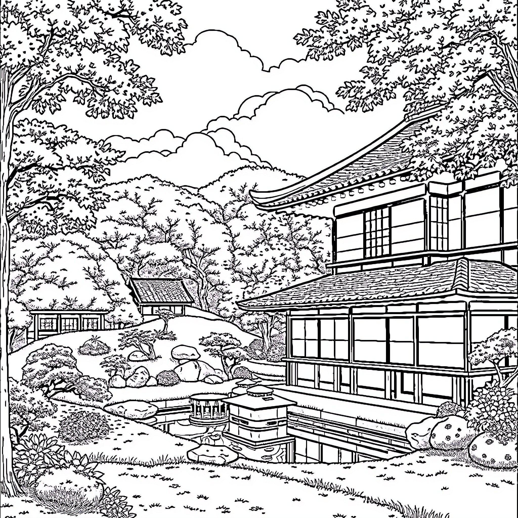 Garden Scene with Traditional Japanese Architecture Coloring Page (free black-and-white line drawing printable PDF for all, from beginners to advanced learners, including children, teens, adults, and seniors)