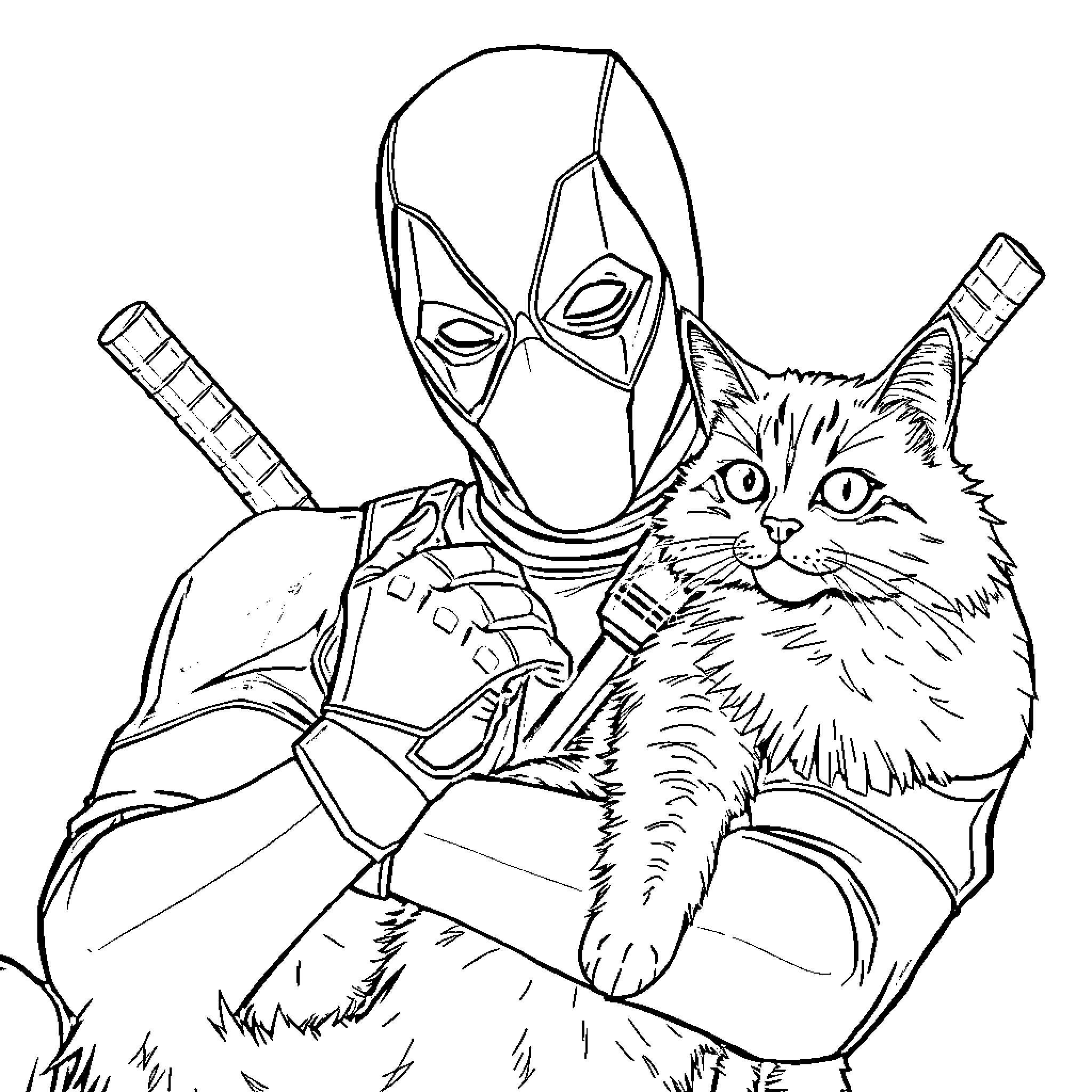 Deadpool and his furry companion in action Coloring Page (free black-and-white line drawing printable PDF for all, from beginners to advanced learners, including children, teens, adults, and seniors)