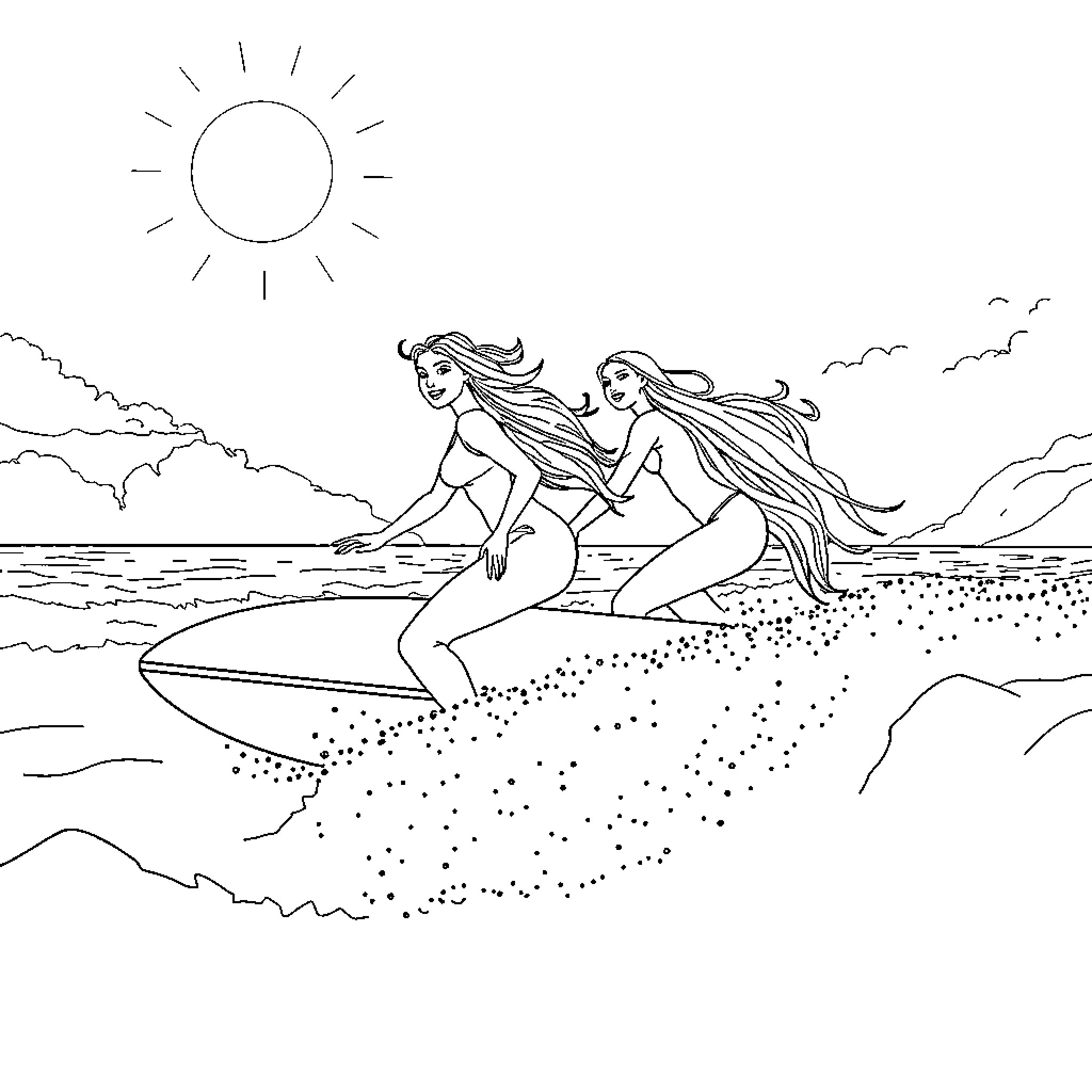 Beauty And The Beast Surfing Under The Sunny Sky Coloring Page (free black-and-white line drawing printable PDF for all, from beginners to advanced learners, including children, teens, adults, and seniors)