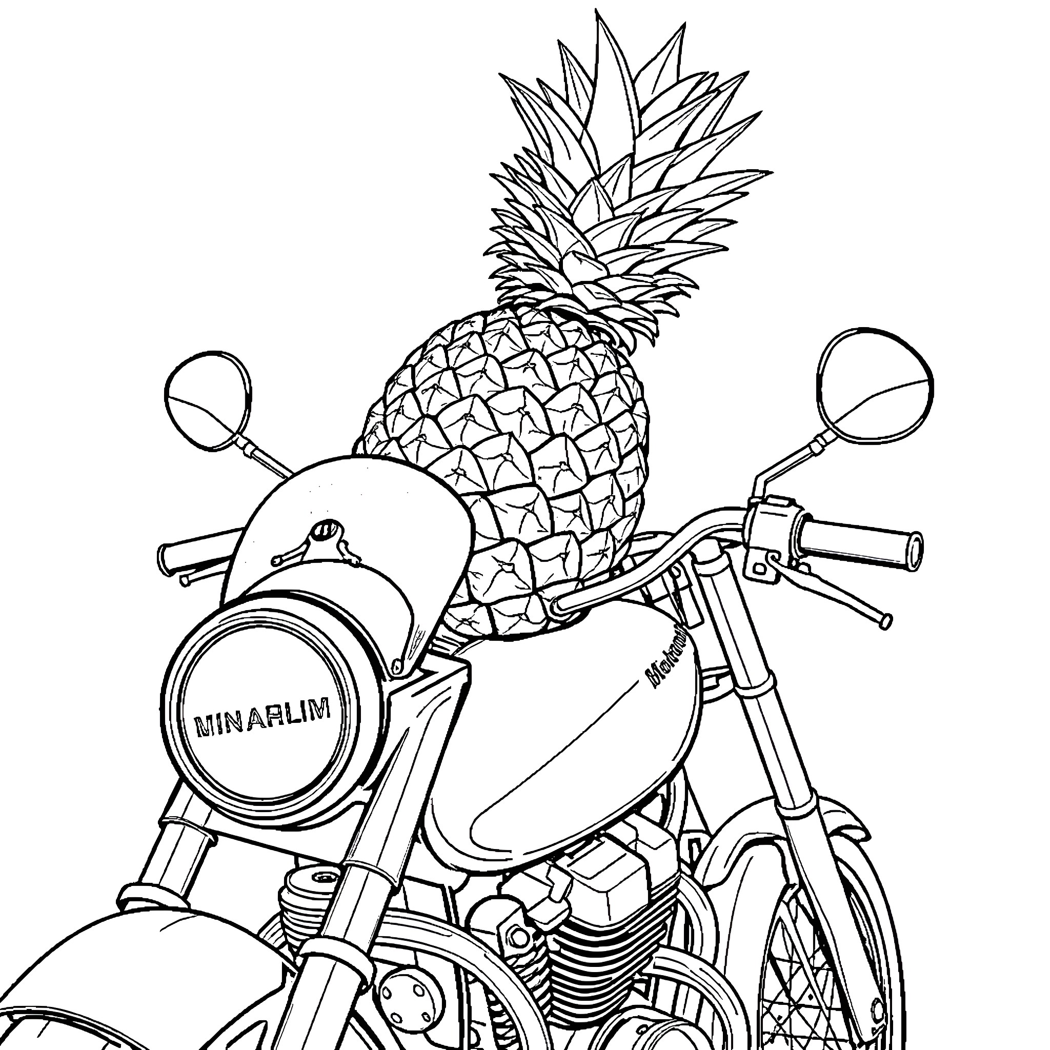 Pineapple-themed motorcycle with unique features Coloring Page (free black-and-white line drawing printable PDF for all, from beginners to advanced learners, including children, teens, adults, and seniors)