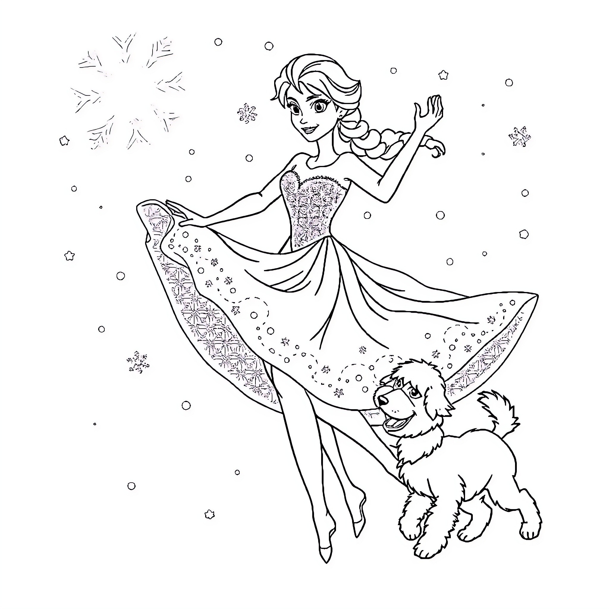 Elsa's Magical Winter Dance with Furry Friend Coloring Page (free black-and-white line drawing printable PDF for all, from beginners to advanced learners, including children, teens, adults, and seniors)