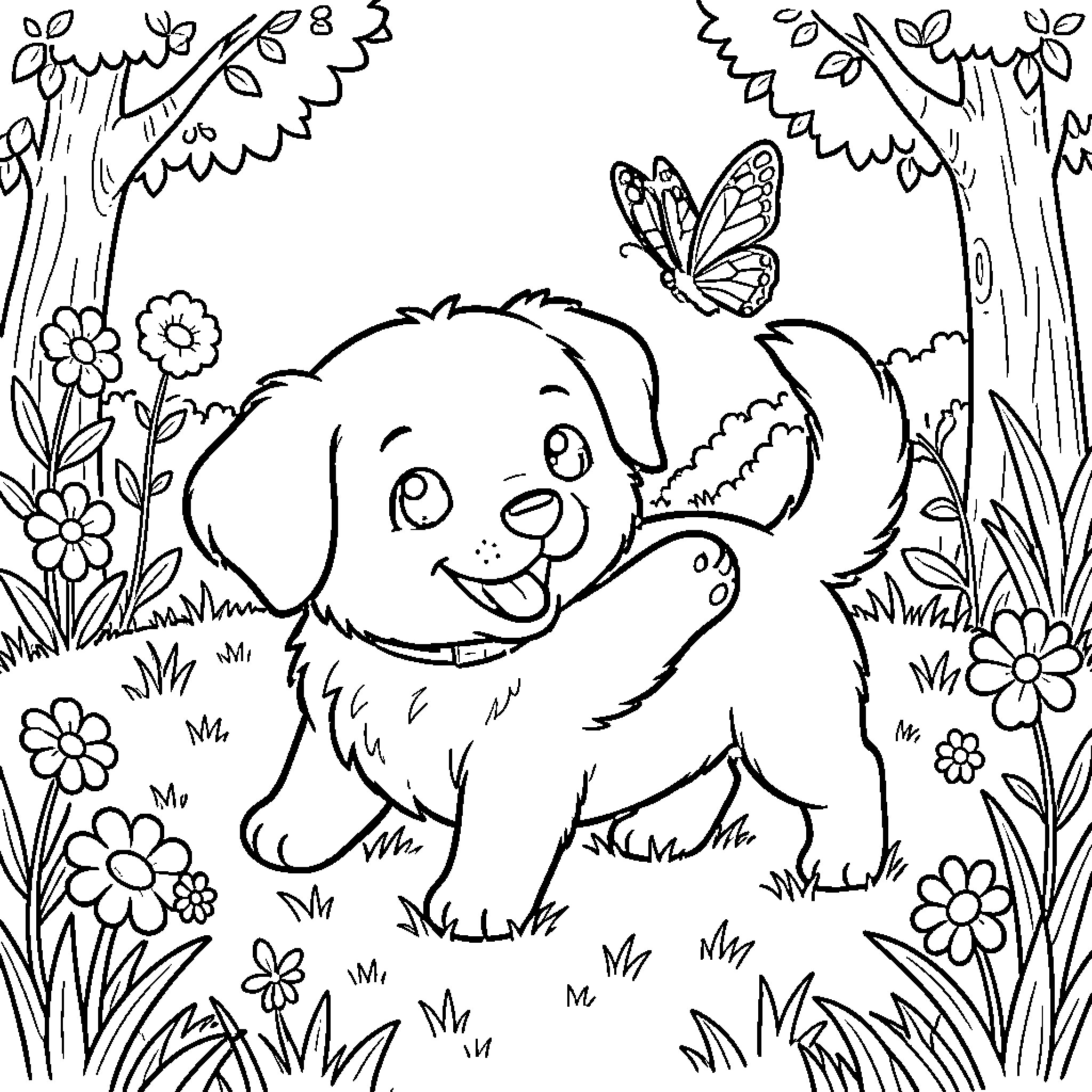 Dog happily chasing a butterfly in a garden Coloring Page (free black-and-white line drawing printable PDF for all, from beginners to advanced learners, including children, teens, adults, and seniors)