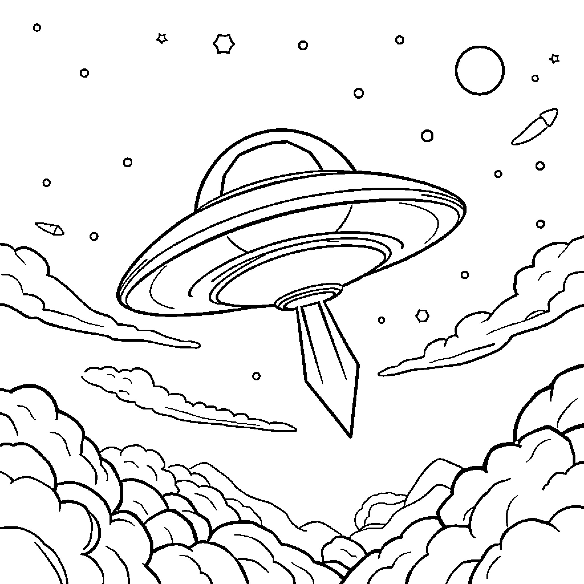 UFO hovering above cloudy landscape Coloring Page (free black-and-white line drawing printable PDF for all, from beginners to advanced learners, including children, teens, adults, and seniors)