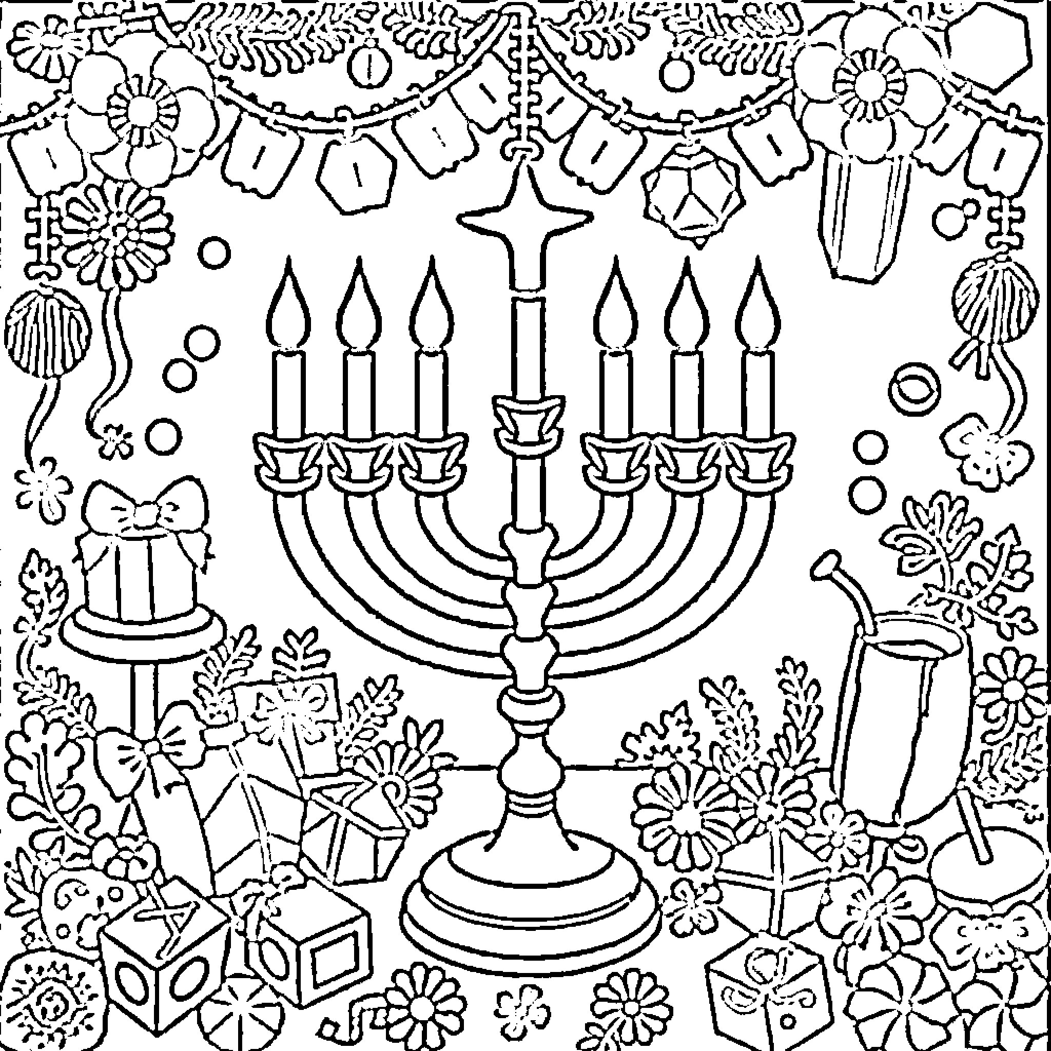 Chanukah celebration with traditional symbols and decorations Coloring Page (free black-and-white line drawing printable PDF for all, from beginners to advanced learners, including children, teens, adults, and seniors)