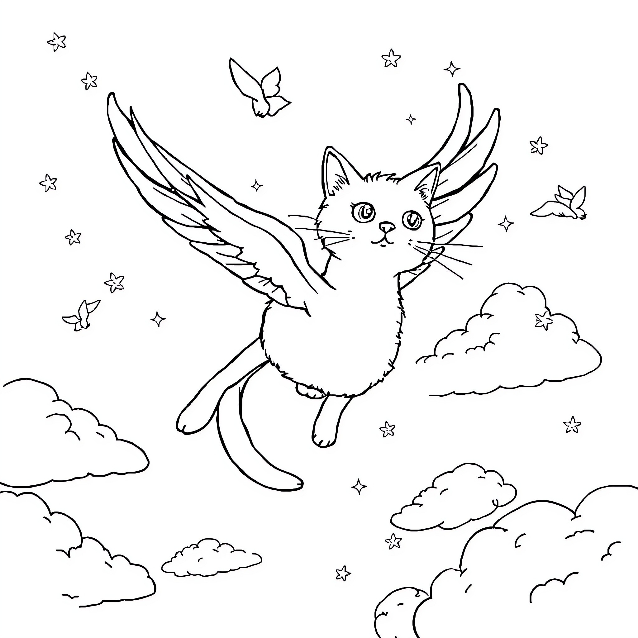 Cat with wings flying among stars and clouds Coloring Page (free black-and-white line drawing printable PDF for all, from beginners to advanced learners, including children, teens, adults, and seniors)