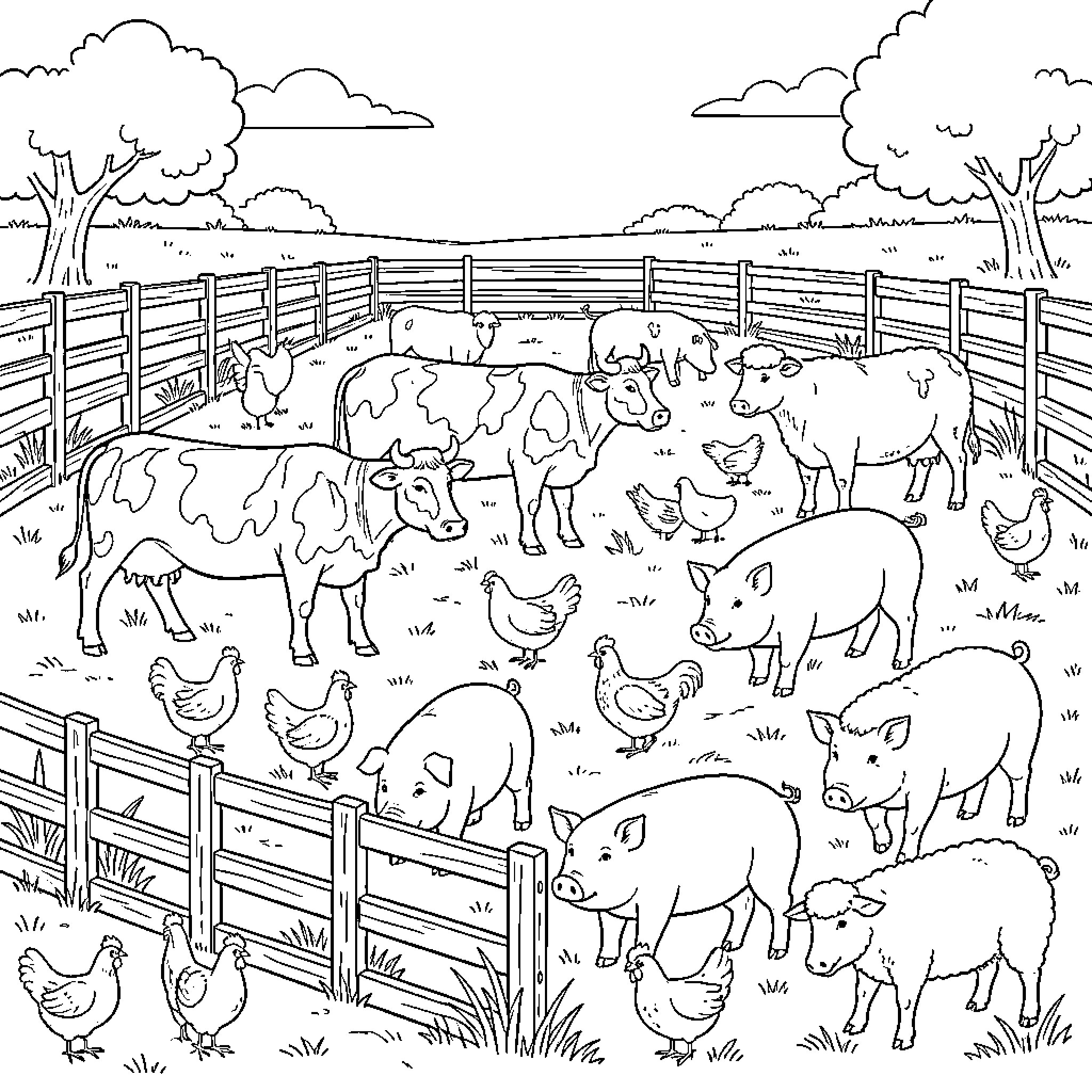 Farm Animal gathering in a fenced pasture Coloring Page (free black-and-white line drawing printable PDF for all, from beginners to advanced learners, including children, teens, adults, and seniors)
