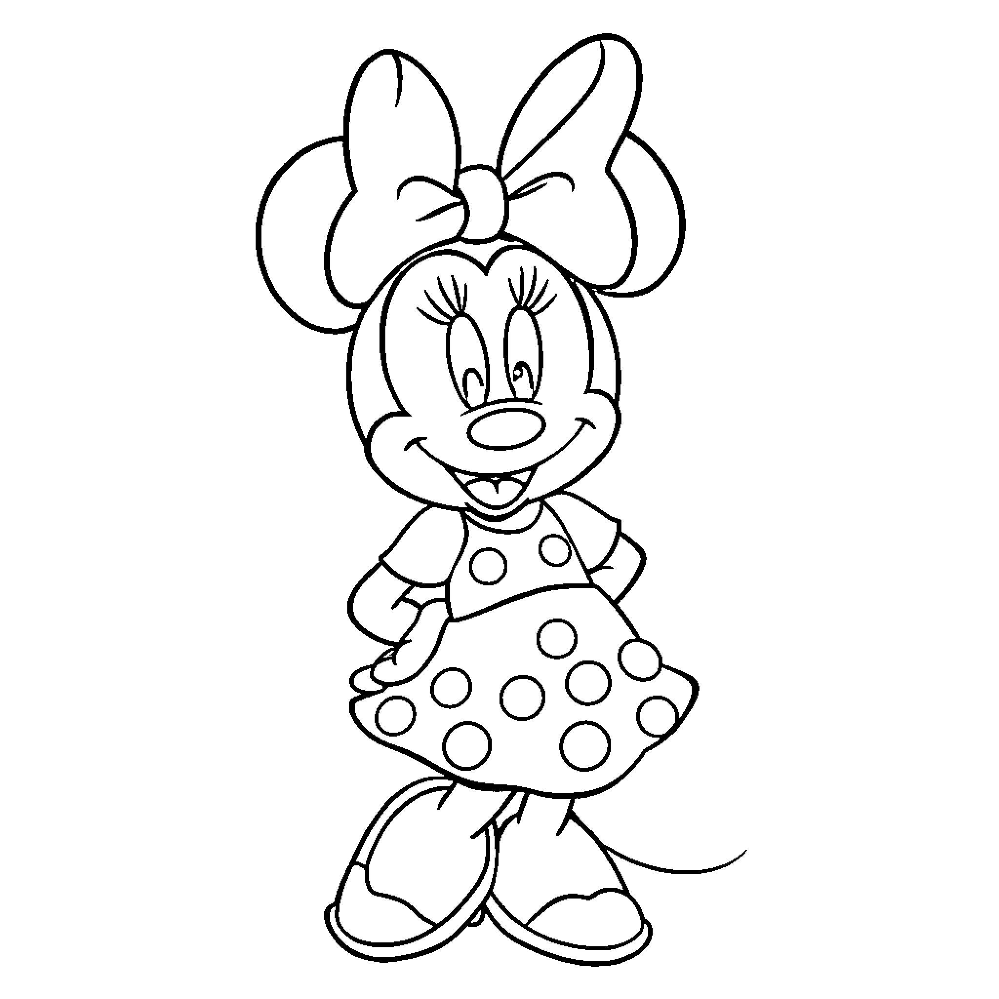 Minnie Mouse smiling in a polka dot dress Coloring Page (free black-and-white line drawing printable PDF for all, from beginners to advanced learners, including children, teens, adults, and seniors)